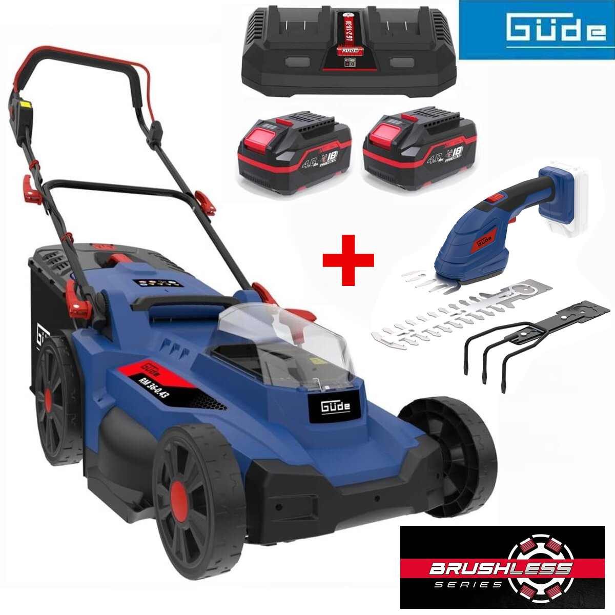 Güde Akkurasenmäher Akku Rasenmäher RM 36/43 mit 2 x Akku 4.0 Ah, Gras + Strauchschere