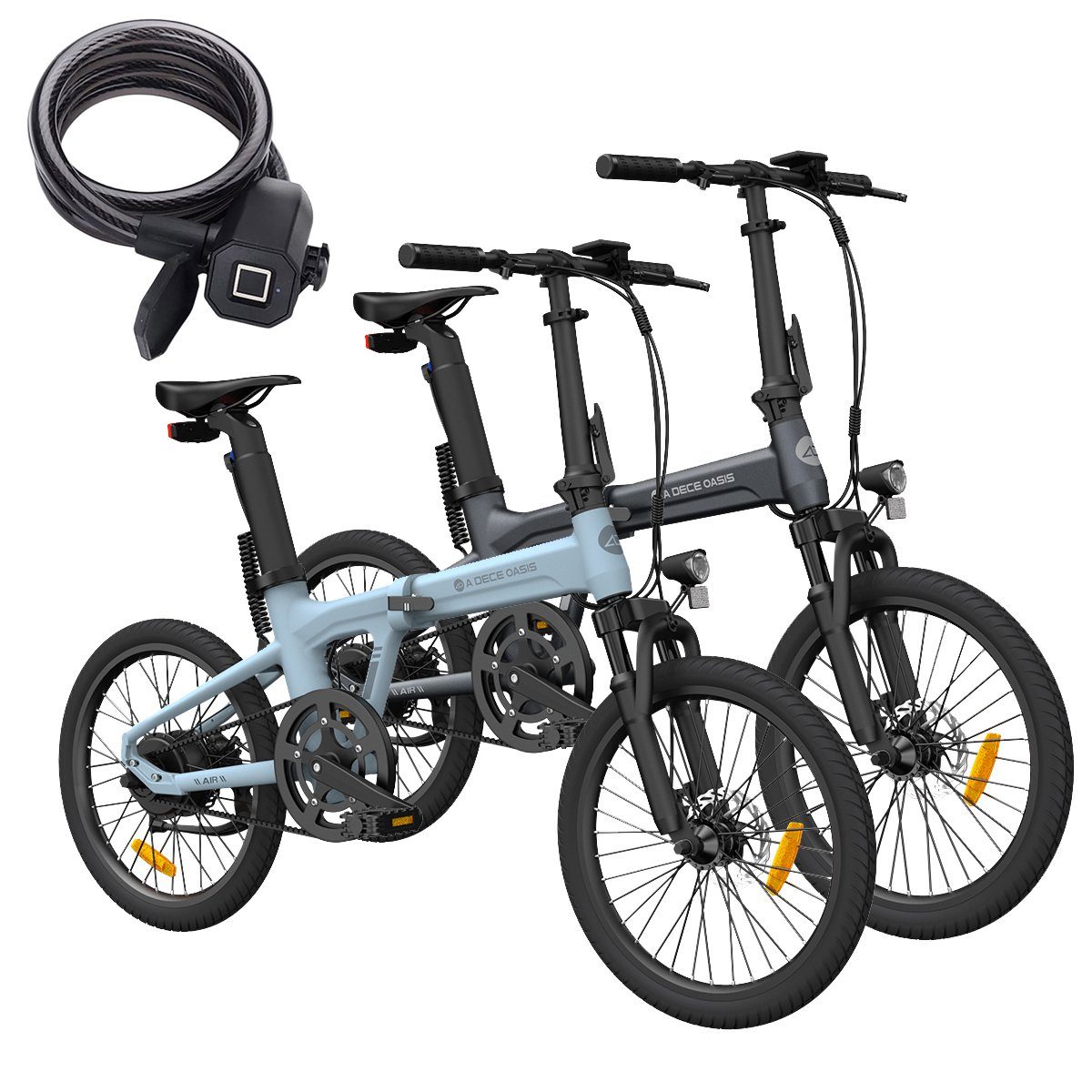 ADO E-Bike 2× Air 20S E-Fahrrad Faltbar, klapprad Riemenantrieb,Citybike, 1 Gang, Hintermotor, +Fingerabdruck-Schloss, ebike Damen/Herren,StVZO mit Handyhalter Grau+Blau