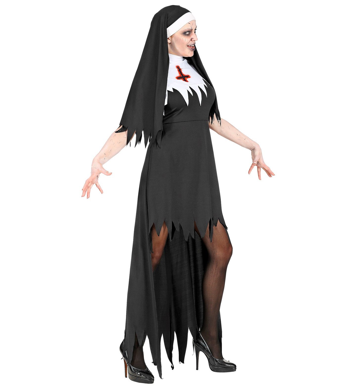 Widmann S.r.l. Hexen-Kostüm Horror Nonne Halloween Kostüm für Damen, Schwarz