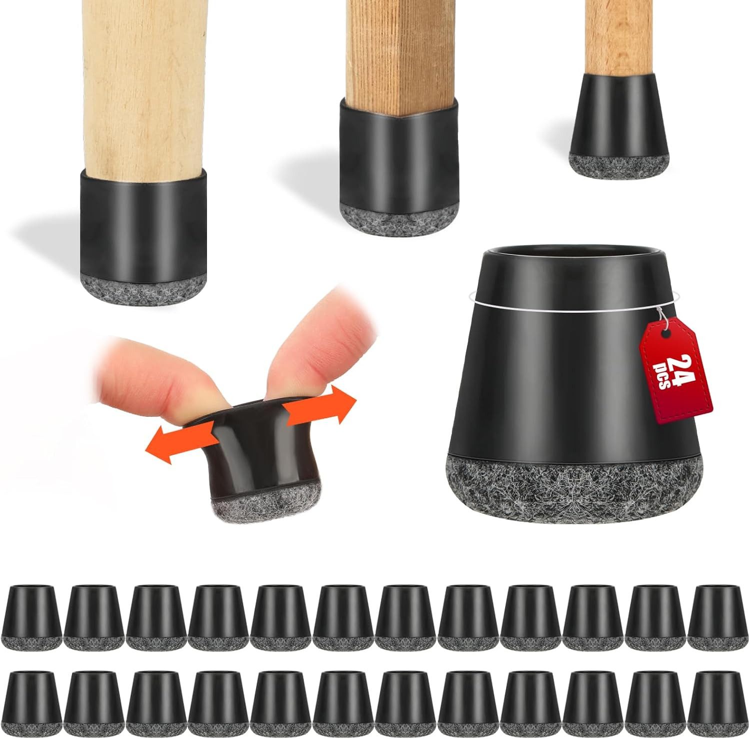 BlingBin Stuhlhusse Stuhlbeinkappen, 40 Stück mit Filz Stuhlbeinschoner, Schwarzes Silikon, runde Schwarze Bodenschutz für Hartholzböden, Fliesenböden