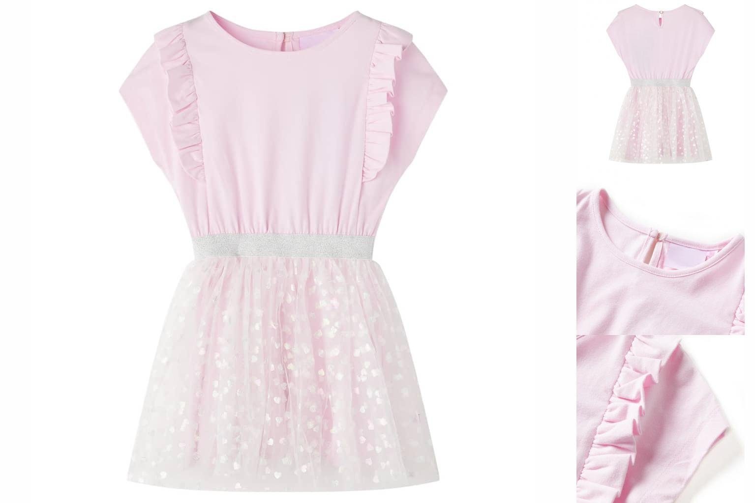 vidaXL A-Linien-Kleid Kinderkleid mit Rüschen und Glänzenden Herzen Hellrosa 92