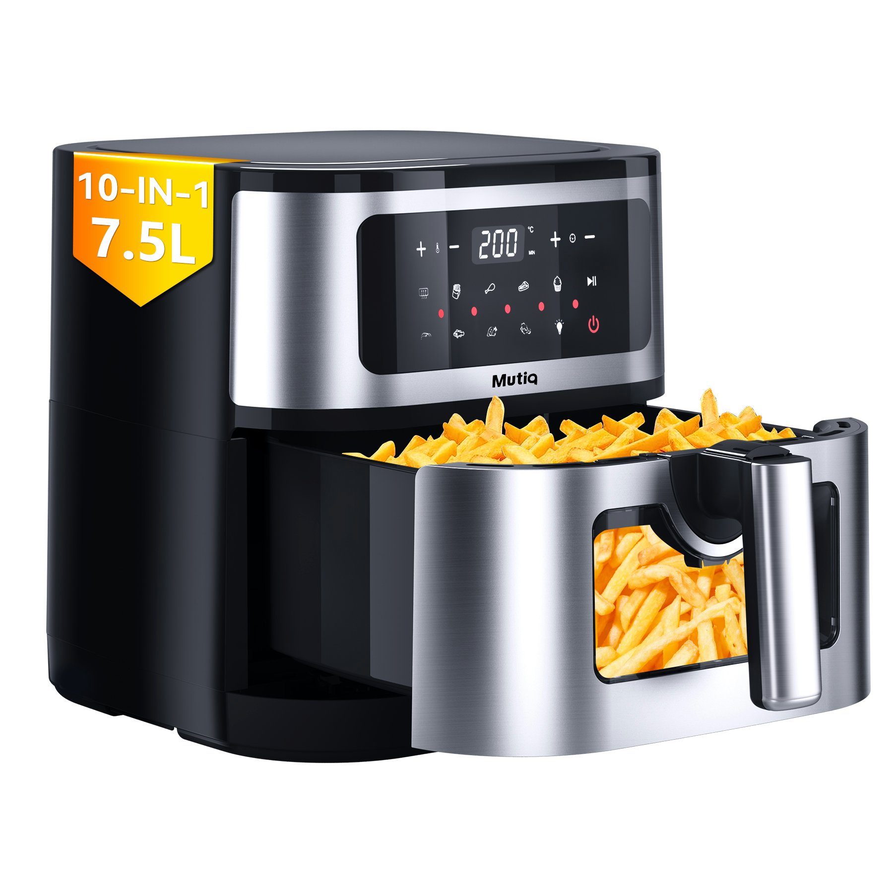 Senmudi Heißluftfritteuse 7.5L,10 Kochprogramme,Fettfreie Gesundheit airfryer,LED-Touchscreen, Präzise Temperaturregelung,Rauchfrei/ölfrei,Schnell/Energiesparend