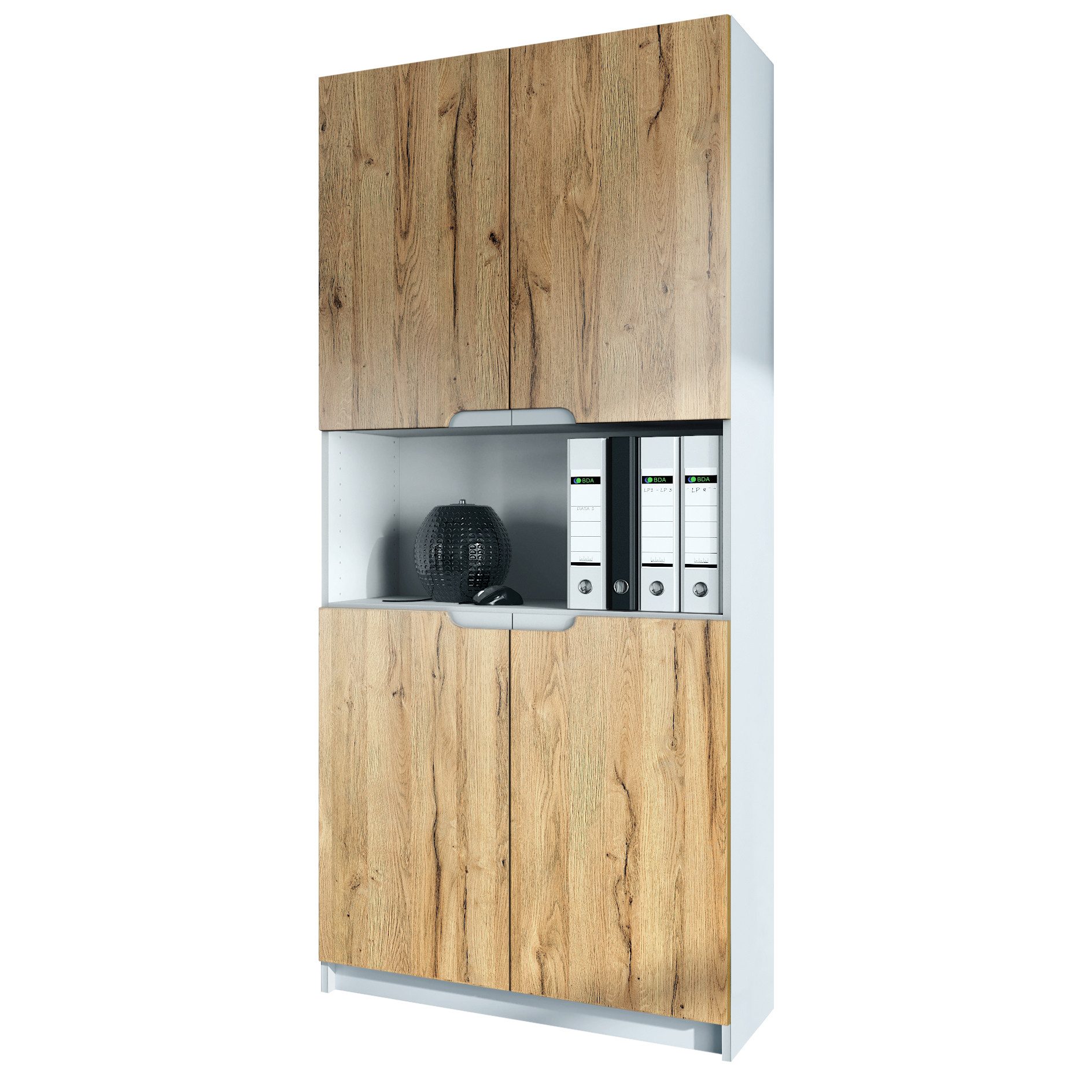 Vladon Aktenschrank Logan V2 (Aktenschrank, mit 5 Fächern und 4 Türen) Weiß matt/Eiche Natur (82 x 184 x 37 cm)