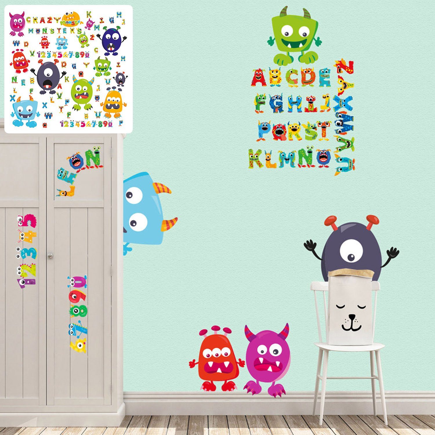 Sunnywall Wandtattoo Monster Wandtattoo XXL Set Kinderzimmer Aufkleber ABC Zahlen Alphabet, selbstklebend
