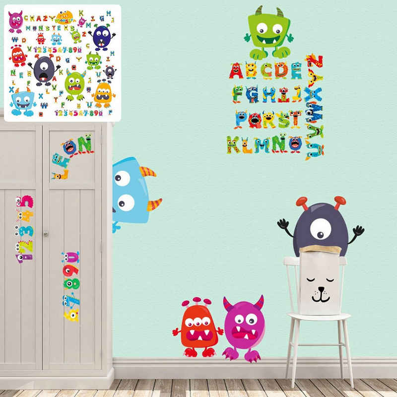 Sunnywall Wandtattoo »Monster Wandtattoo XXL Set verschiedene Motive Kinderzimmer Aufkleber bunt Wanddeko ABC Zahlen Alphabet«, selbstklebend