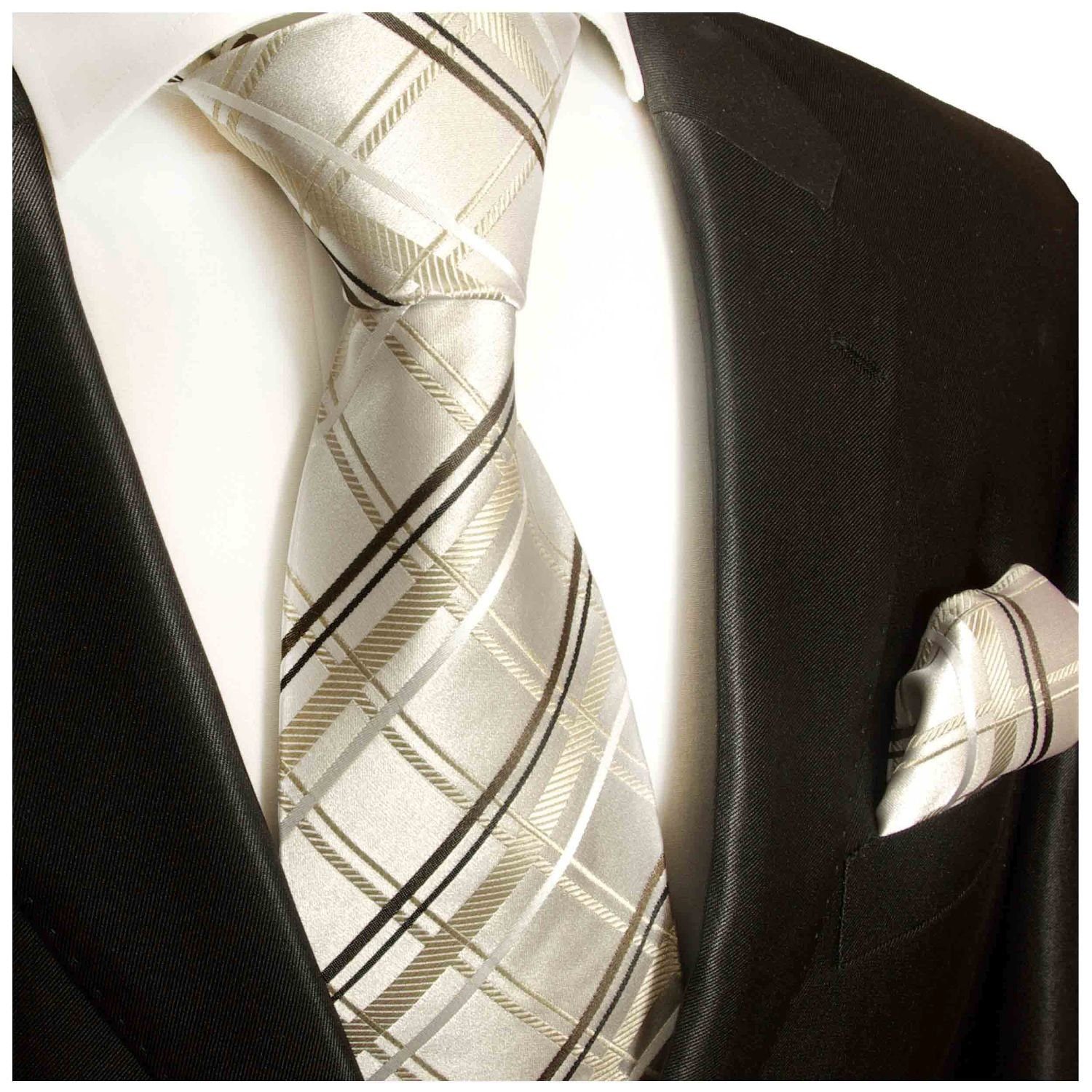 Paul Malone Krawatte Herren Seidenkrawatte und Tuch modern gestreift 100% Seide (Set, 2-St., Krawatte mit Einstecktuch) Breit (8cm), ivory braun 943