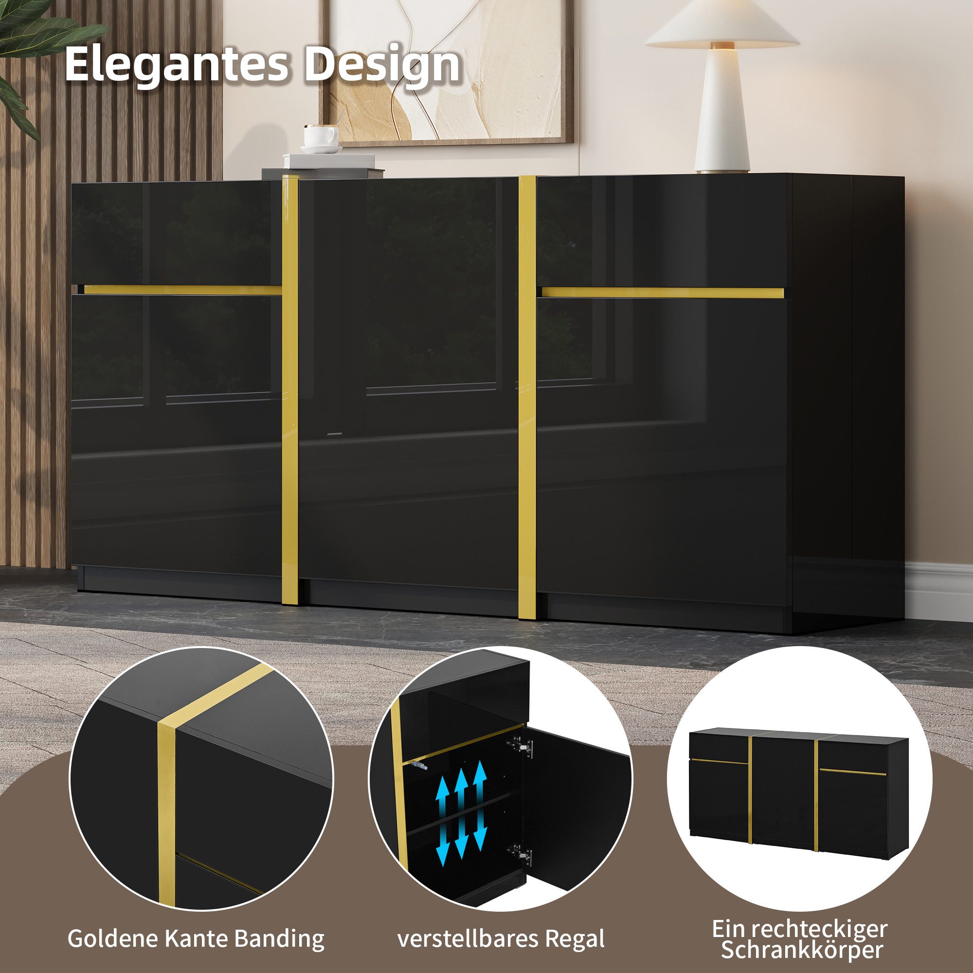 Refined Living Sideboard Hochglanz Sideboard 160 cm, 3 Türen, 2 Schubladen, Stauraum (Schwarz, Hochglanz Sideboard 160x40x78 cm, 3 Türen, 2 Schubladen, 1 St., verstellbare Böden, goldene Details, modernes Design), für Wohnzimmer, Esszimmer, TV-Schrank, Stauraum, MDF, PB, pflegeleicht