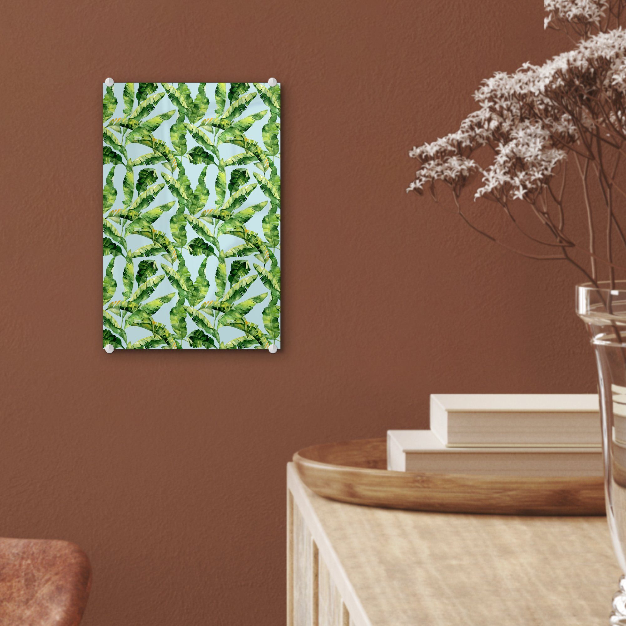 Wanddekoration Glas Glas Grün Acrylglasbild - Blätter, - MuchoWow - Bilder - (1 Foto Wandbild auf - auf St), Vintage Glasbilder
