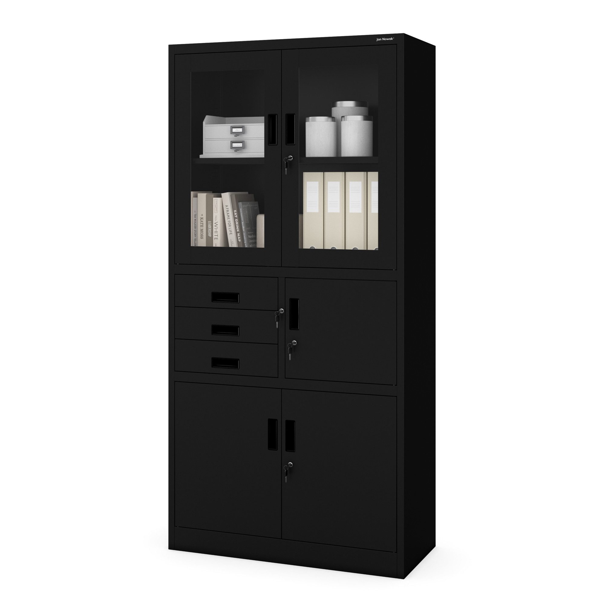 Jan Nowak Aktenschrank Metall Büroschrank mit Tresor 90 cm FILIP Glasvitrine Schubladen (Stahl 0,6 mm Wandmontage möglich PZH-zertifiziert 185 cm) Aktenschrank Safe 3 Schubladen Schloss 2 Schlüssel 5 Farben