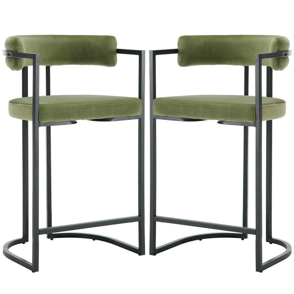 Barhocker 2er Set, Samt Küchenhocker Barstühle mit schwarzen Metallbeinen