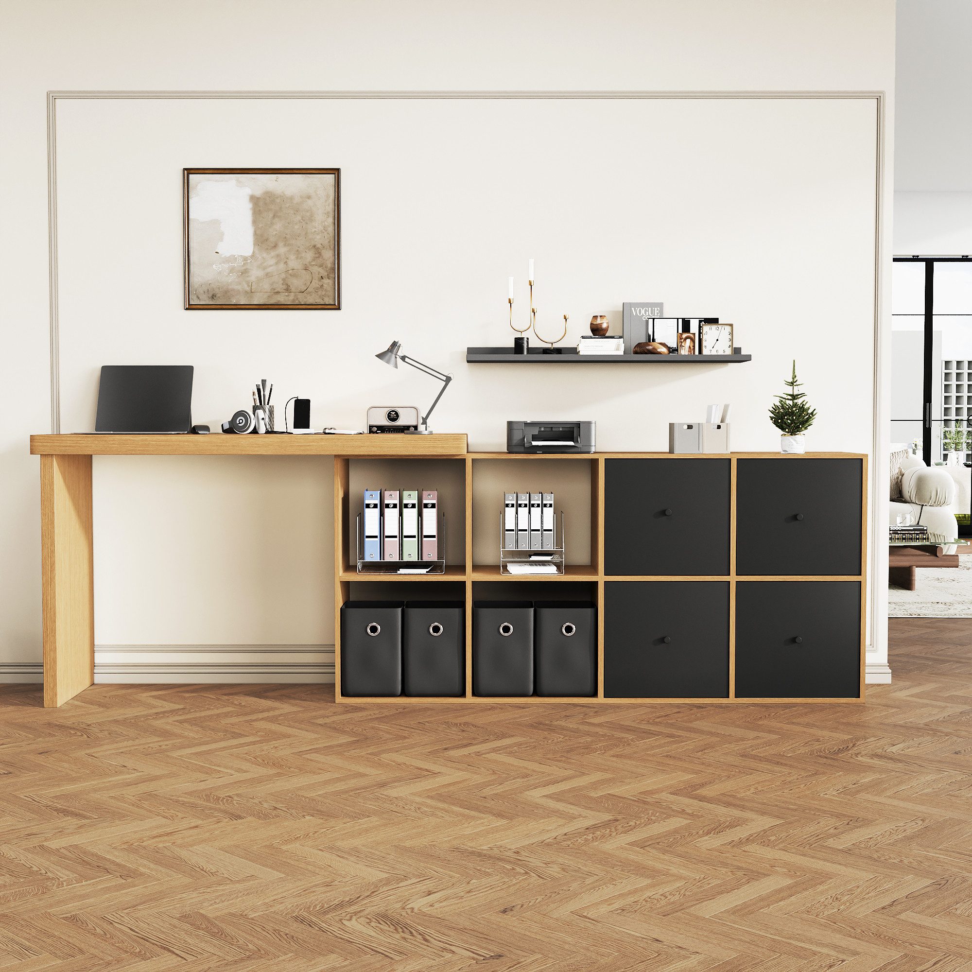 Merax Schreibtisch 360° drehbarer L-förmiger Bürotisch Arbeitstisch (1-St., Schreibtisch 120×48×78 cm/Sideboard 140×35×74 cm), Eckschreibtisch mit Sideboard, 8 Fächer, 4 Schubladen & Kippsicherung