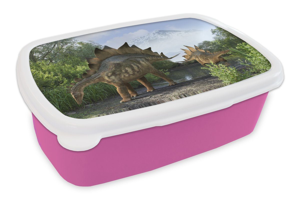 Brotbox Kunststoff - MuchoWow Illustration - Lunchbox - Berg Brotdose Kunststoff, Kleiner, Kinder für Kinder, Snackbox, Dinosaurier Jungen - (2-tlg), - Erwachsene, Mädchen, - rosa Wald