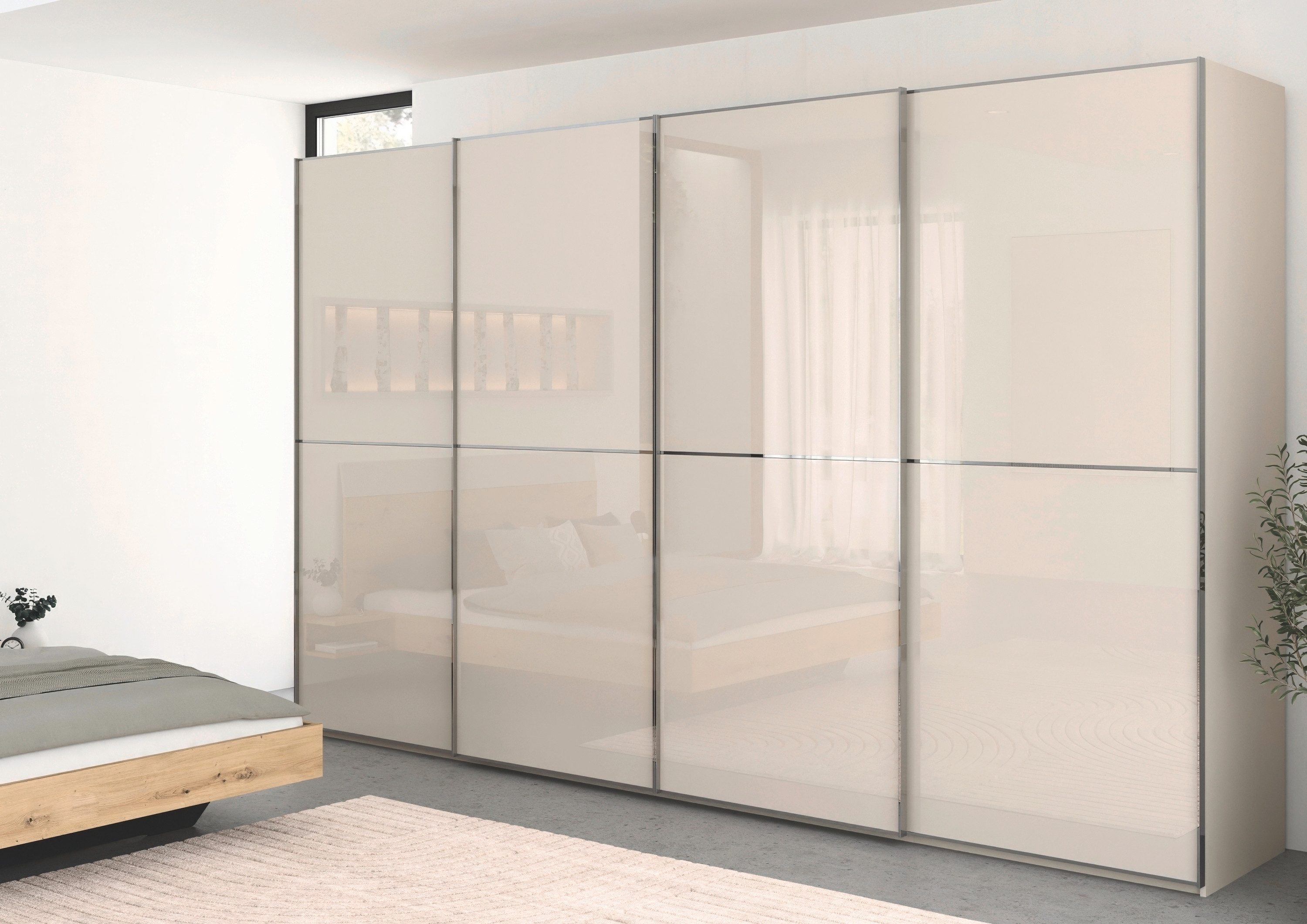 rauch Schwebetürenschrank Kleiderschrank Schrank Garderobe Schlafzimmerschrank SCALE-DUO edle zweigeteilte Türen Glas-Front mit 3 Zierleisten MADE IN GERMANY