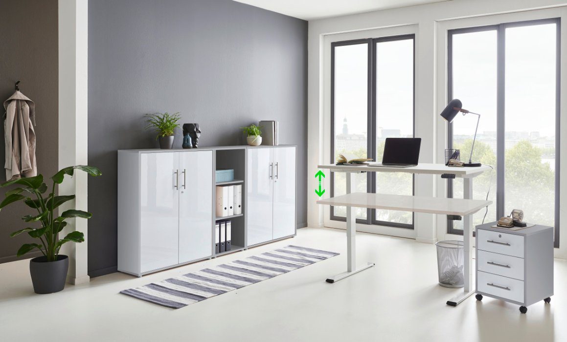 moebel-dich-auf Schreibtisch e-OFFICE EDITION (Büromöbel-Set, Aktenschränke abschließbar, Made in Germany, Set 8), mit elektrisch, höhenverstellbarem Schreibtisch, Rollcontainer Korpus-Front: lichtgrau / weiß Hochglanz | Gestell: weiß lackiert | Tischplatte: weiß