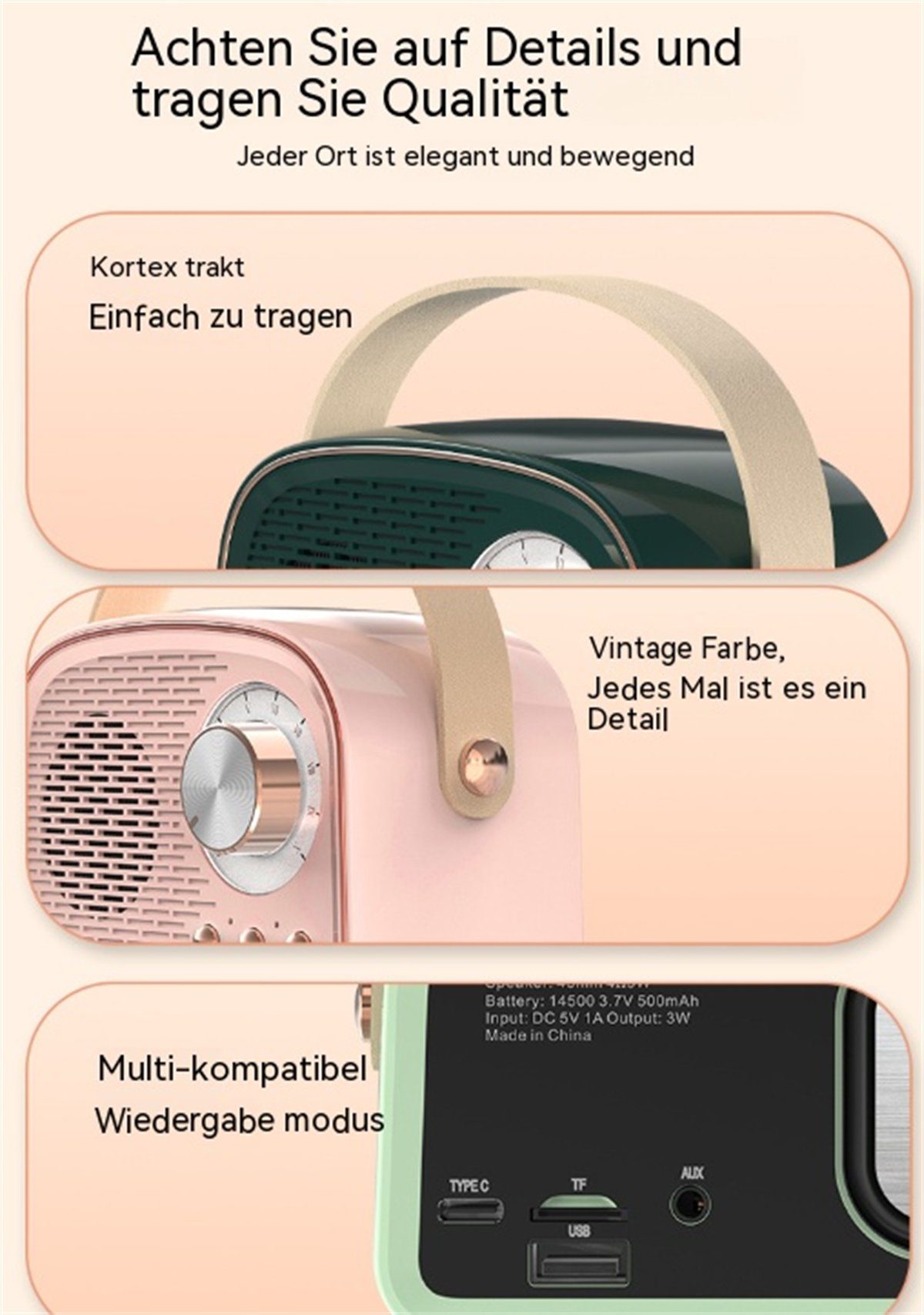 Bluetooth-Lautsprecher und Rosa carefully Mini-Außen- Party-Lautsprecher selected Retro-Bluetooth-tragbarer Tragbarer
