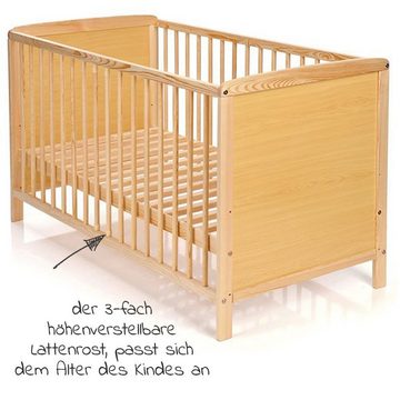 jonka Babybett Ben Kiefer - Natur, Kinderbett 60 x 120 cm - mit Schlupfsprossen