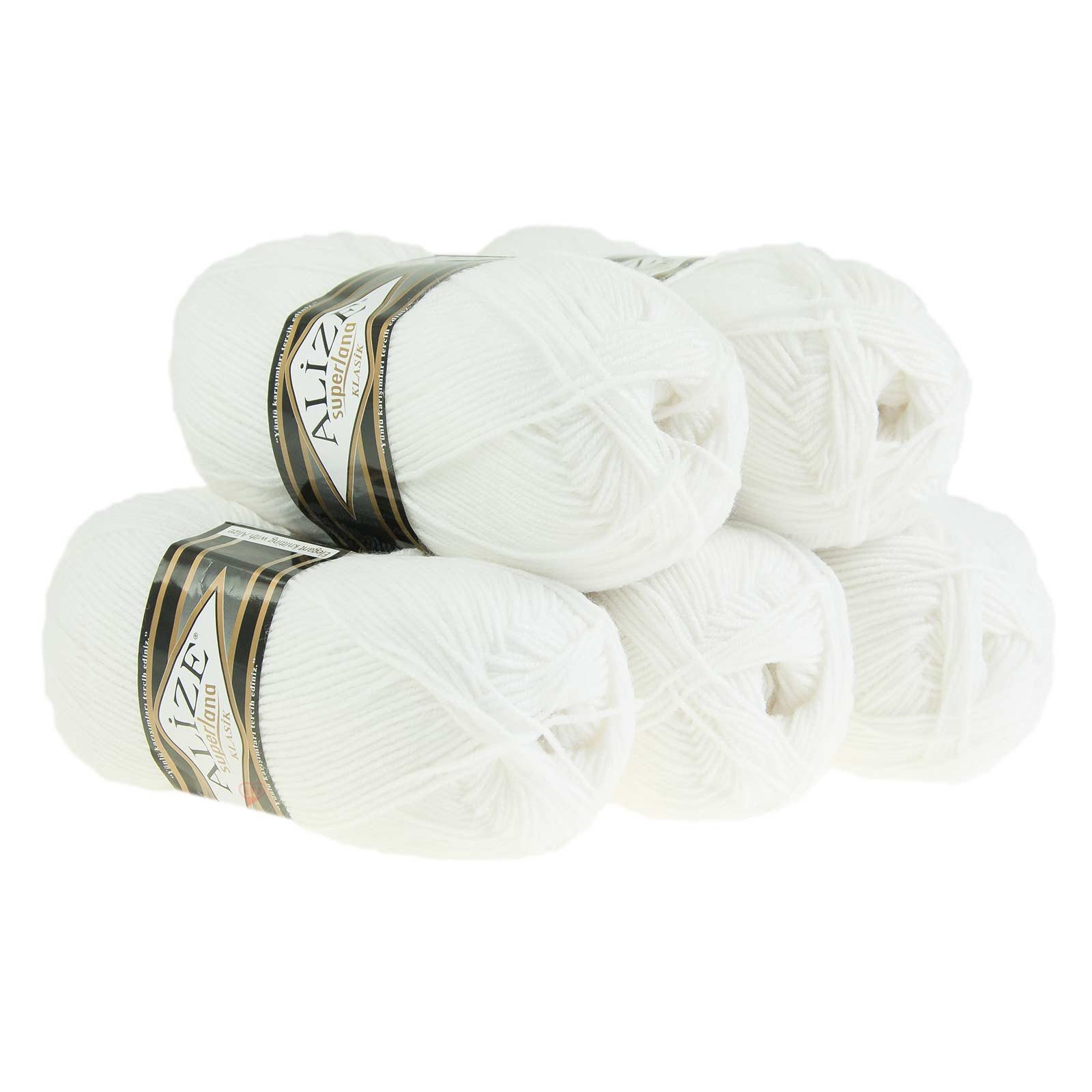 Alize Alize Superlana Klasik uni 5 x 100g Strickgarn Strickwolle 25% Wolle Häkelwolle, 1400 m (Sparpaket), 55 weiß