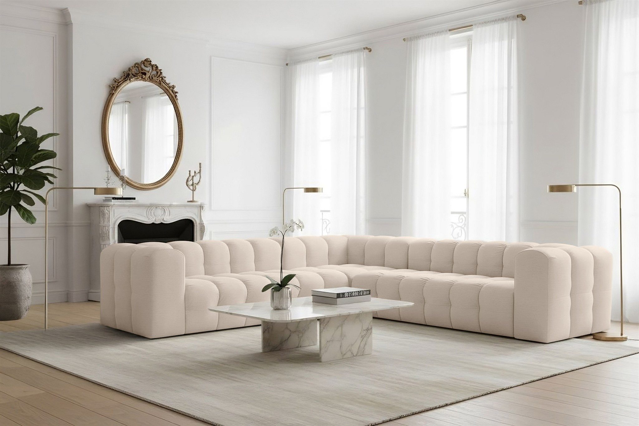 Fun Möbel Ecksofa Designersofa SOLVIE Universal (300cm), Stoff Moly oder Tiffani, Sofa-Rücken echt bezogen