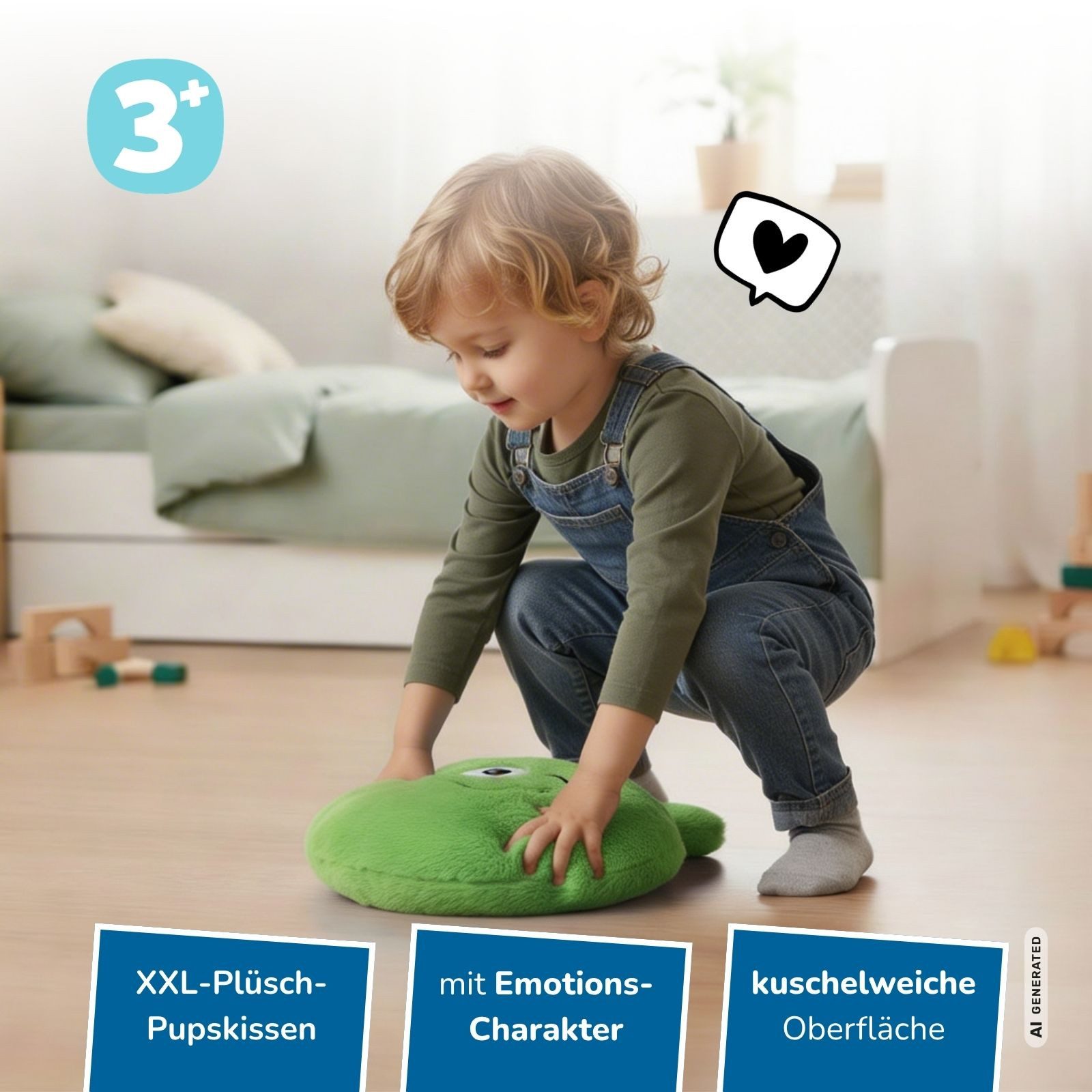 alldoro Kuscheltier XXL Plüsch-Furzkissen Bravey, großes Pupskissen in Grün mit Pups-Sound, mit Gesicht, animiert zum Lachen & Reden über Gefühle, für Kinder ab 3