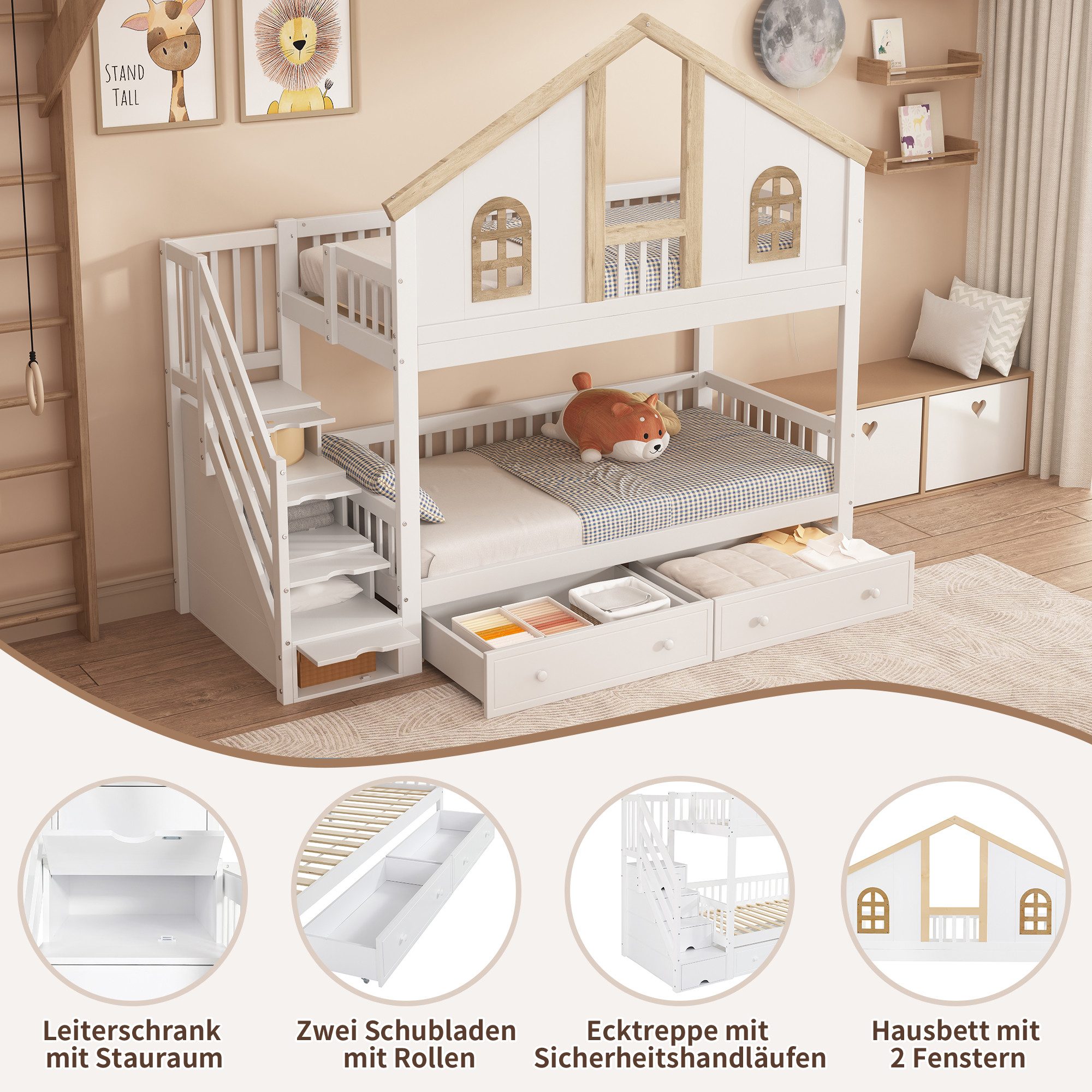 Merax Etagenbett (Stockbett mit Stauraum), Kinderbett 90x200cm mit 2 Schubladen und Stauraumtreppe, Kieferholz – Bild 4 von 5