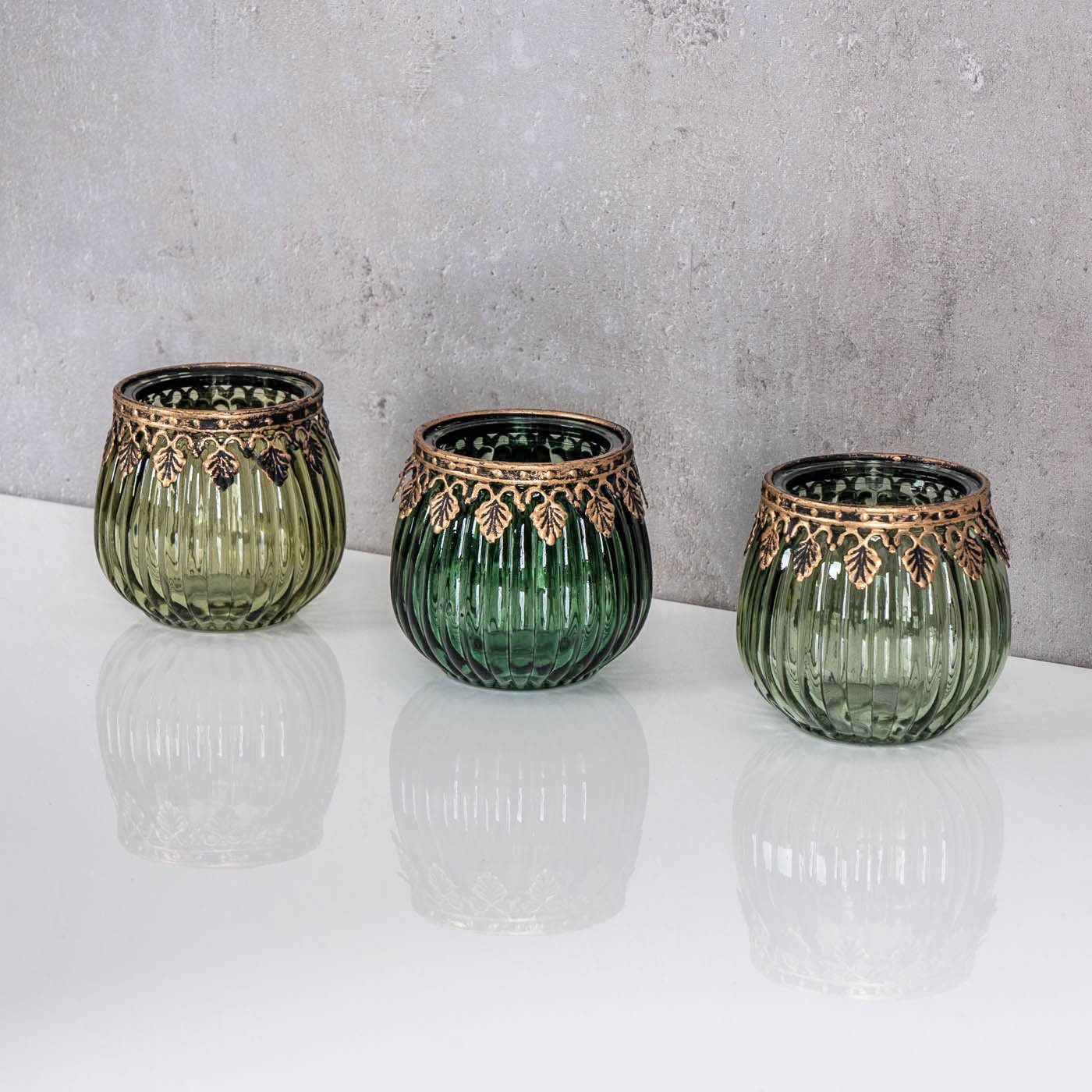 Levandeo® Teelichthalter, 3er Set Orientalische Teelichthalter Grün Gold Glas Retro Tischdeko