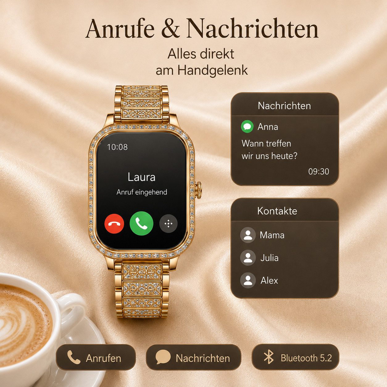 Fyrove Fitnessuhr Damen, Sportuhr, Aktivitätstracker Smartwatch (4,45 cm), Bluetooth-Armbanduhr mit Telefonfunktion, Damen Uhr für Fitness, 2 Armbänder, persona – Bild 4 von 5