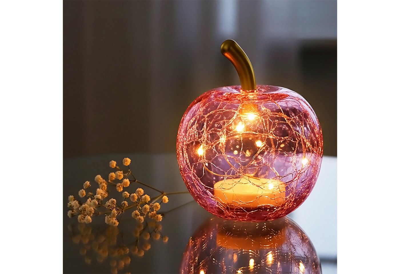 Spetebo LED Dekoobjekt, Ein-/Ausschalter, Timer, LED fest verbaut, warm weiß, Deko Frucht aus Crackle Glas beleuchtet Batterie betrieben