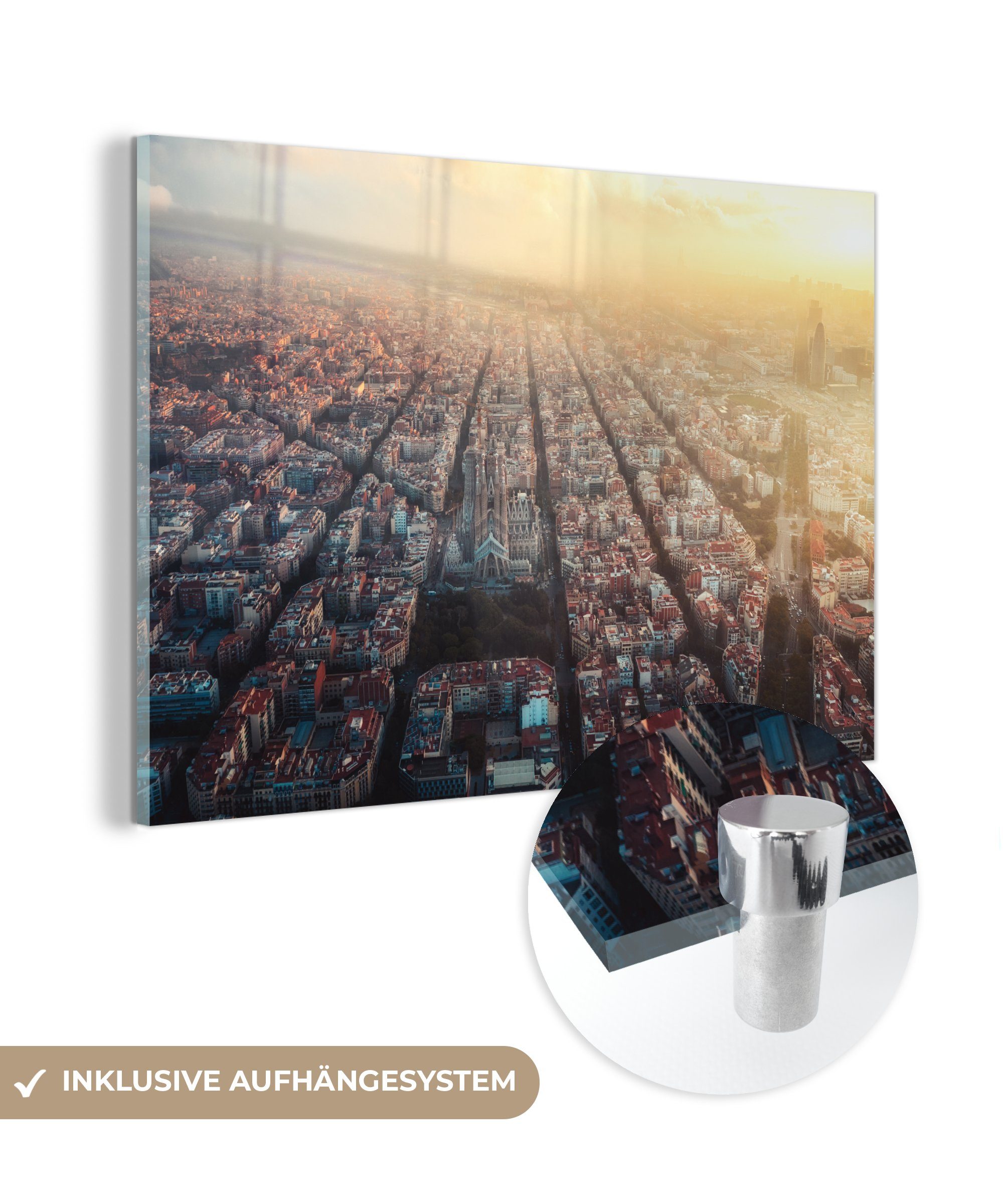 - MuchoWow Acrylglasbilder (1 St), Architektur Acrylglasbild Schlafzimmer & Barcelona, - Wohnzimmer Sonne
