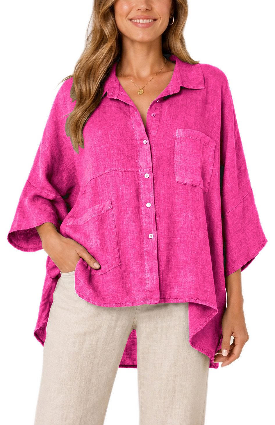 dy_mode Hemdbluse Damen Leinenbluse Oversize Hemdbluse Kurzarm Tunika Vokuhila in Unifarben, Oversized Optik, Vokuhila-Schnitt
