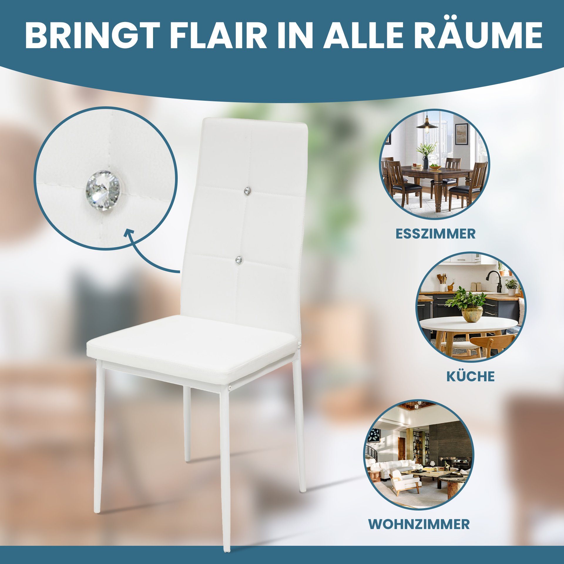 Albatros International Esszimmerstuhl Esszimmer Stühle 4 er Set DIAMOND, Stuhl Stühle Esszimmerstühle, Küche (4er Set, Weiss, Kunstleder Bezug), Küchenstuhl Küc – Bild 4 von 5