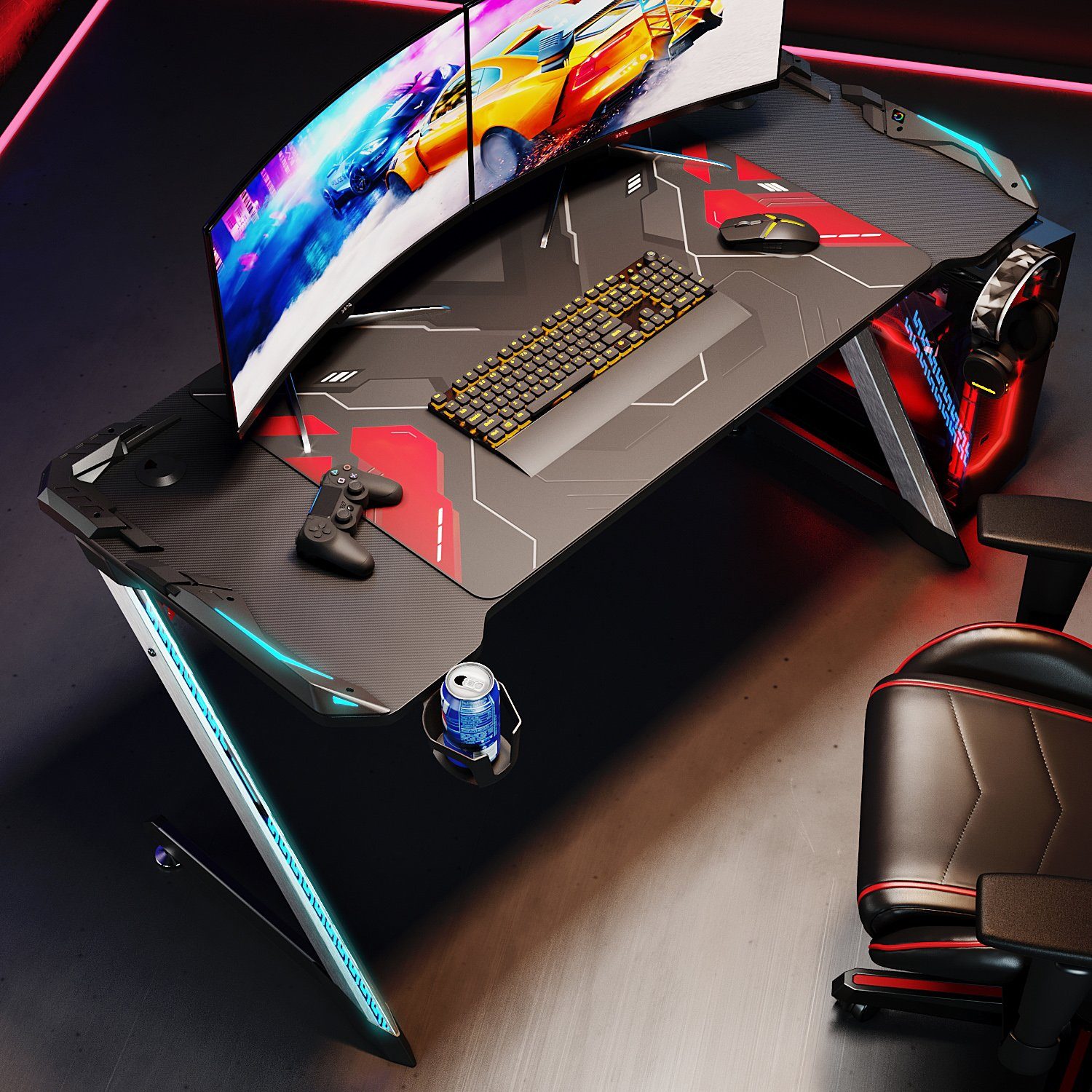 SONNI Gamingtisch mit LED 140cm Schwarz Groß Computertisch Tisch Gaming  Desk, mit Mauspad PC | Computertische