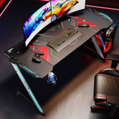 SONNI Gamingtisch mit LED 140cm Schwarz Groß Computertisch Tisch Gaming Desk, mit Mauspad PC