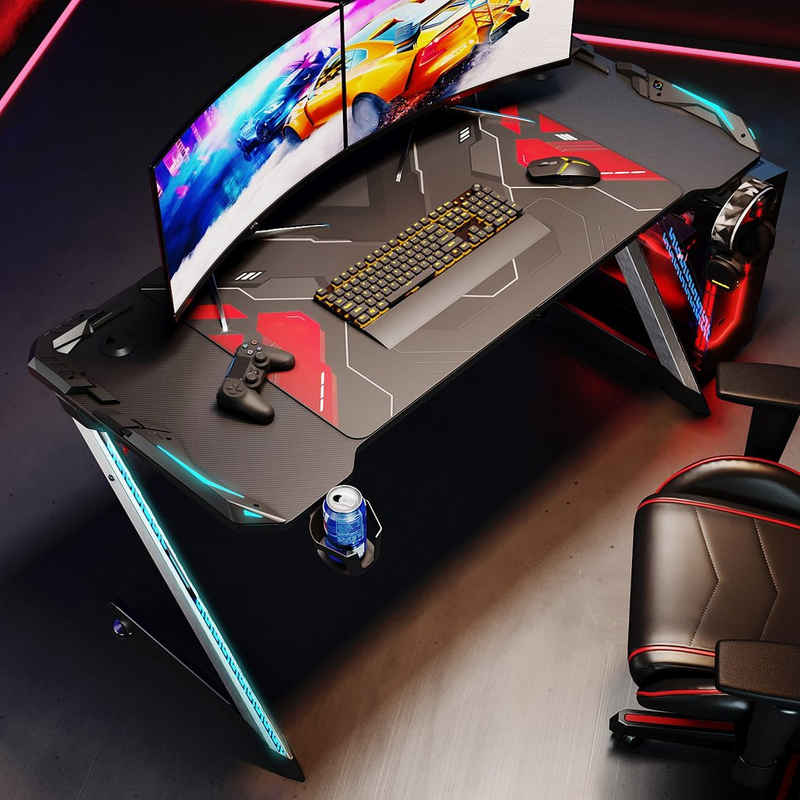 SONNI Gamingtisch mit LED 140cm Schwarz Groß Computertisch Tisch Gaming Desk, mit Mauspad PC