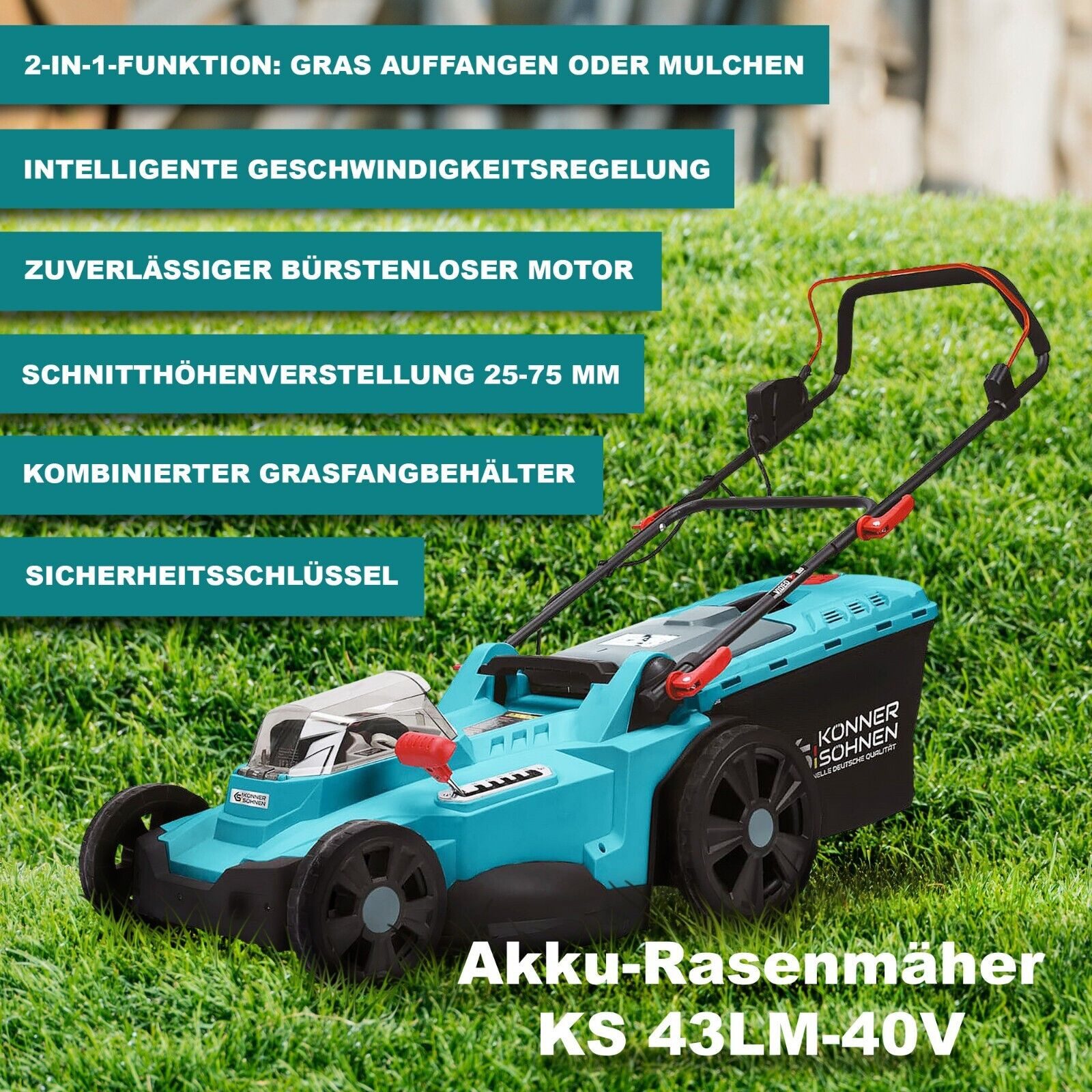 Könner & Söhnen Akkurasenmäher KS 43LM-40V + KS C35A-2 + KS 20V4-2 (2 pcs), 6-fache Schnitthöhe 25-75mm, 50L Korb, Sicherheitsschlüssel