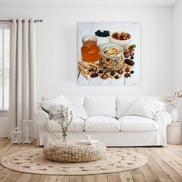 Primedeco Glasbild Wandbild Quadratisch Granola und Honig mit Aufhängung, Cerealien