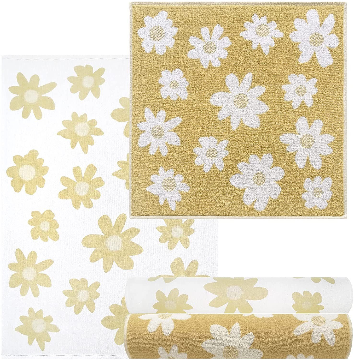 Lashuma Handtuch Set Blumen, Frottee, (4-tlg), 2x Geschirrhandtücher 50x70 cm - 2x Frotteetücher 50x50 cm gelb