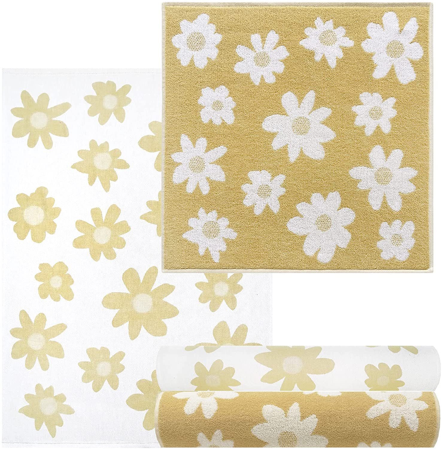 Lashuma Handtuch Set Blumen, Frottee (4-St), 2x Geschirrhandtücher 50x70 cm - 2x Frotteetücher 50x50 cm gelb