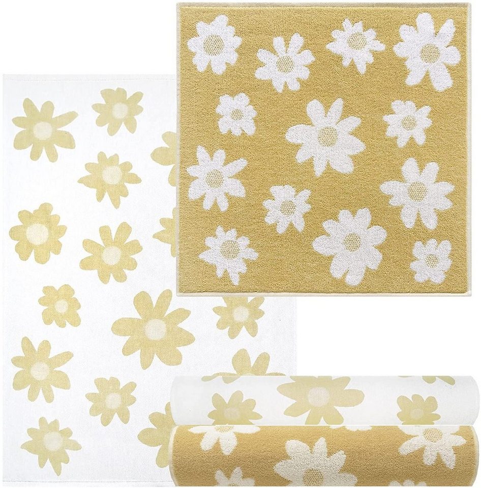 Lashuma Handtuch Set Blumen, Frottee, (4-tlg), 2x Geschirrhandtücher 50x70  cm - 2x Frotteetücher 50x50 cm gelb