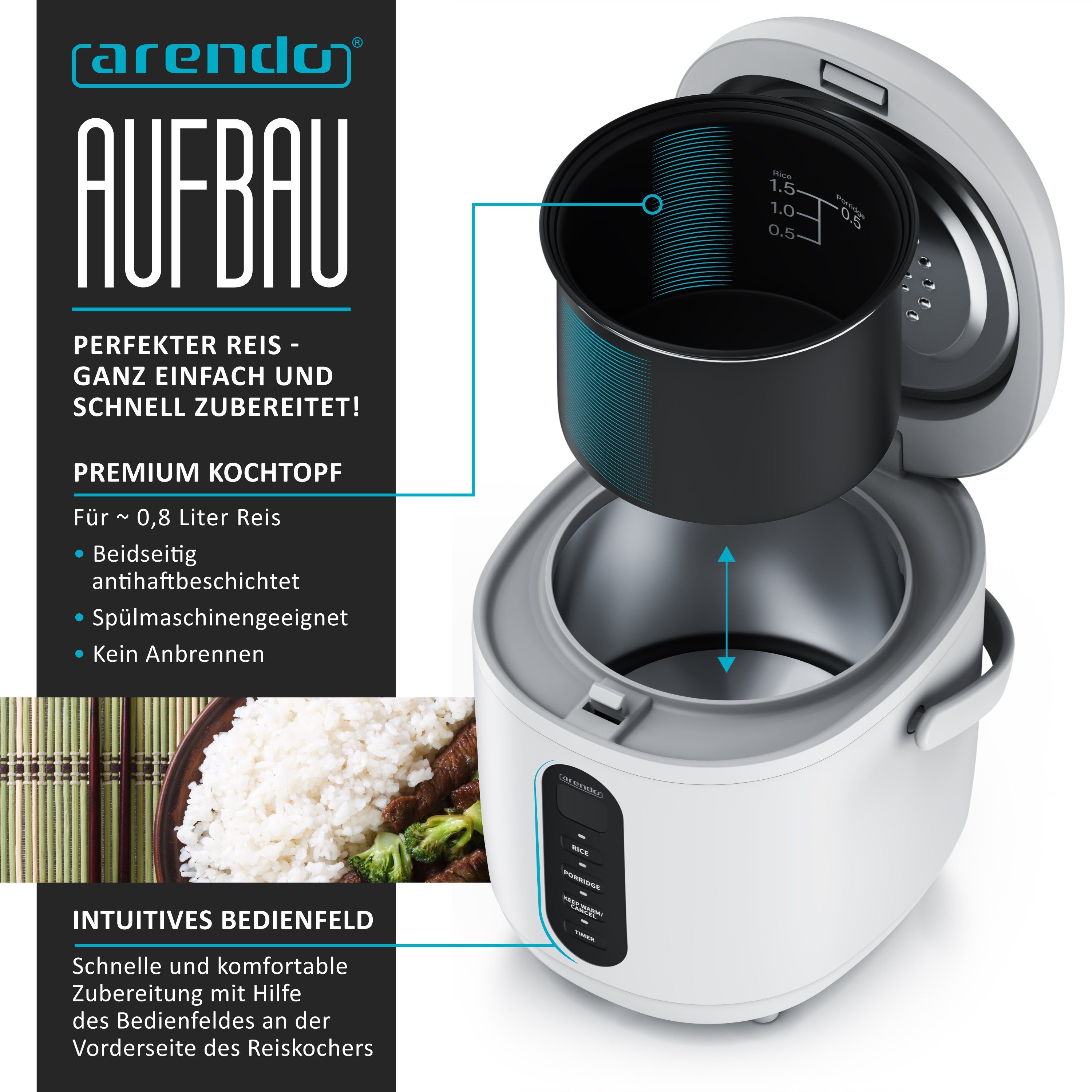 Arendo Reiskocher 0,8l, Messbecher & Reislöffel, Kochprogramme, Timer, Warmhaltefunktion, 300 W, 300 W, für Reis und Porridge, Innentopf Spülmaschinen geeignet