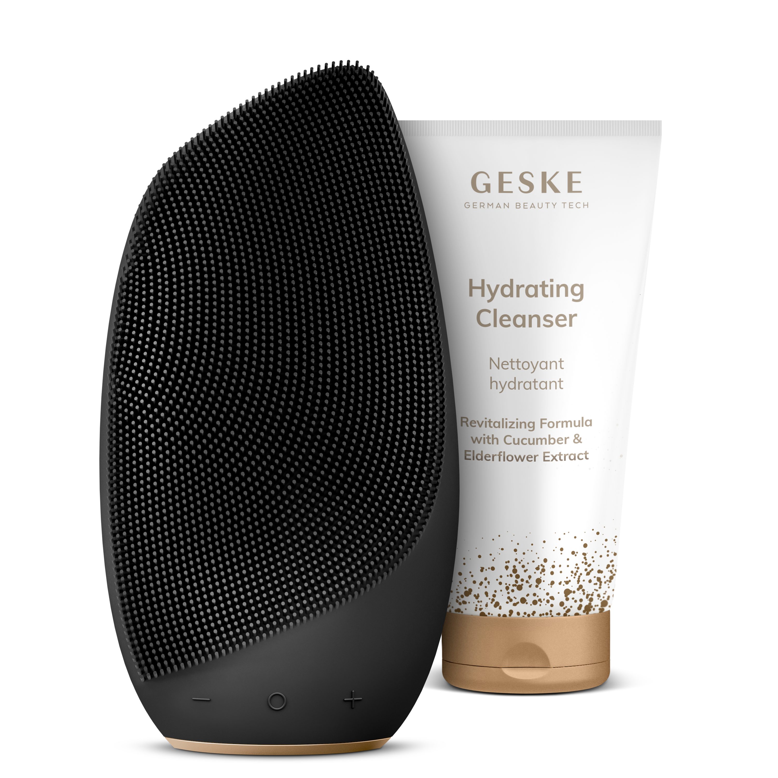 GESKE German Beauty Tech Elektrische Gesichtsreinigungsbürste Sonic Thermo Facial Brush 6 in 1 Farbe: Gray + Gratis Kosmetik, Packung (Gerät & USB-Ladekabel), 2-tlg., Gerät inkl. kostenloser APP (SmartAppGuided Device), Anti-Aging Massage-, SmartSonic Pulsation- & Tiefen-Wärme-Technologie