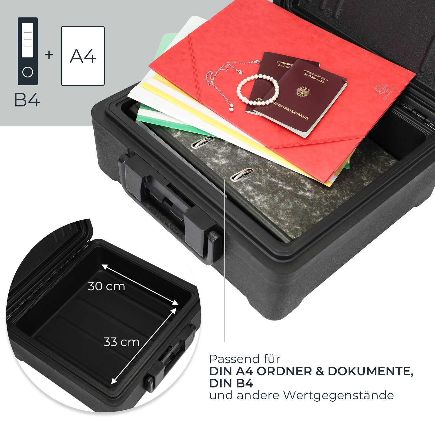 HMF Geldkassette Feuerfeste Dokumentenbox DIN A4 Ordner, wasserdichte Geldkassette, Dokumentensafe 39 x 40 x 17 cm, Schwarz – Bild 3 von 5
