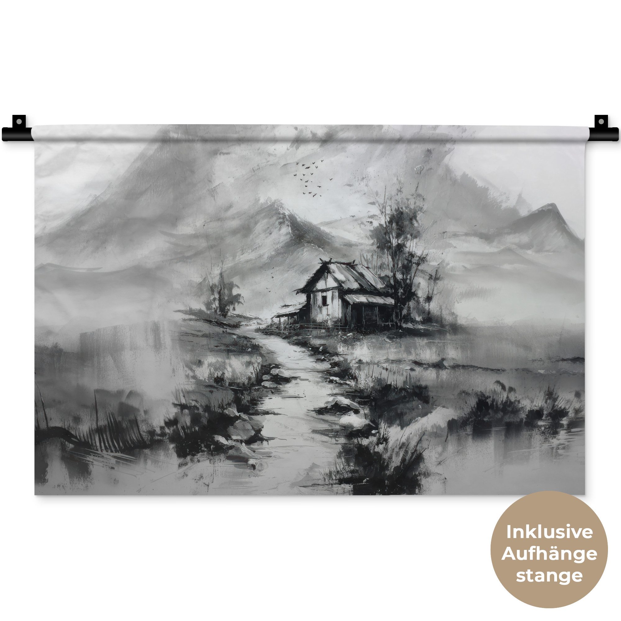MuchoWow Wandteppich Hütte - Grau - Berge - Neblig, Rechteckig, Höhe: 3 mm, Wandteppich für Wohnzimmer, Schlafzimmer, 60x40 cm