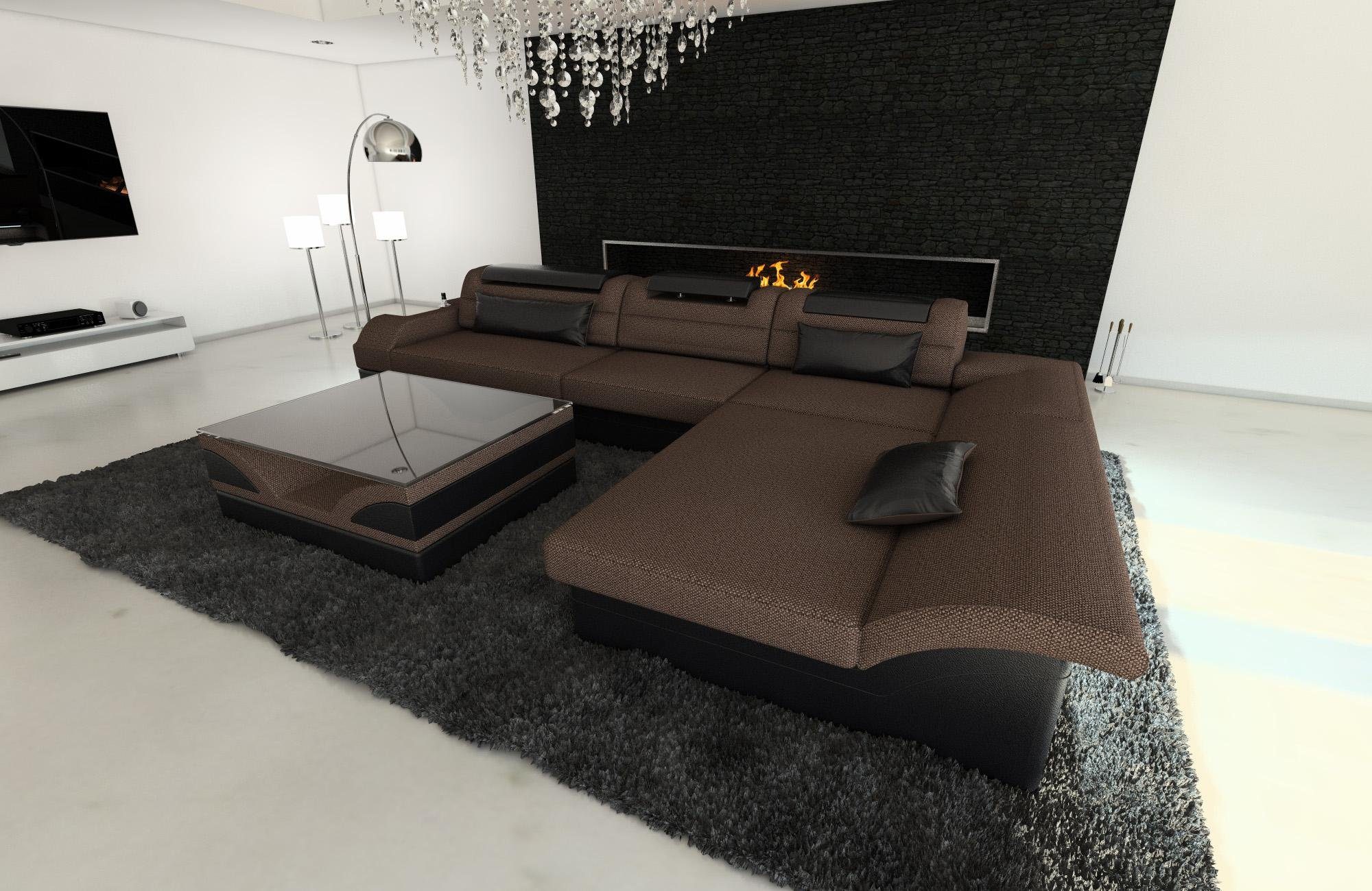 Braun-Schwarz Dreams Monza Bettfunktion, mit Stoff Ecksofa Couch L LED, Form, Stoffsofa Sofa H8 Polstersofa ausziehbare Designersofa