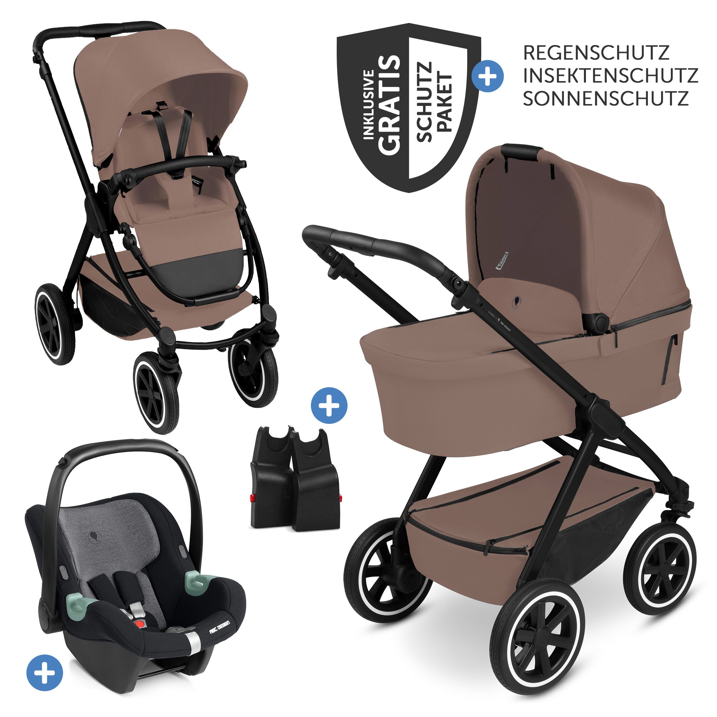 ABC Design Kombi-Kinderwagen Salsa 5 Air- Dark Beige, 3in1 Kinderwagen Set mit Babywanne, Babyschale, Sportsitz & Zubehör