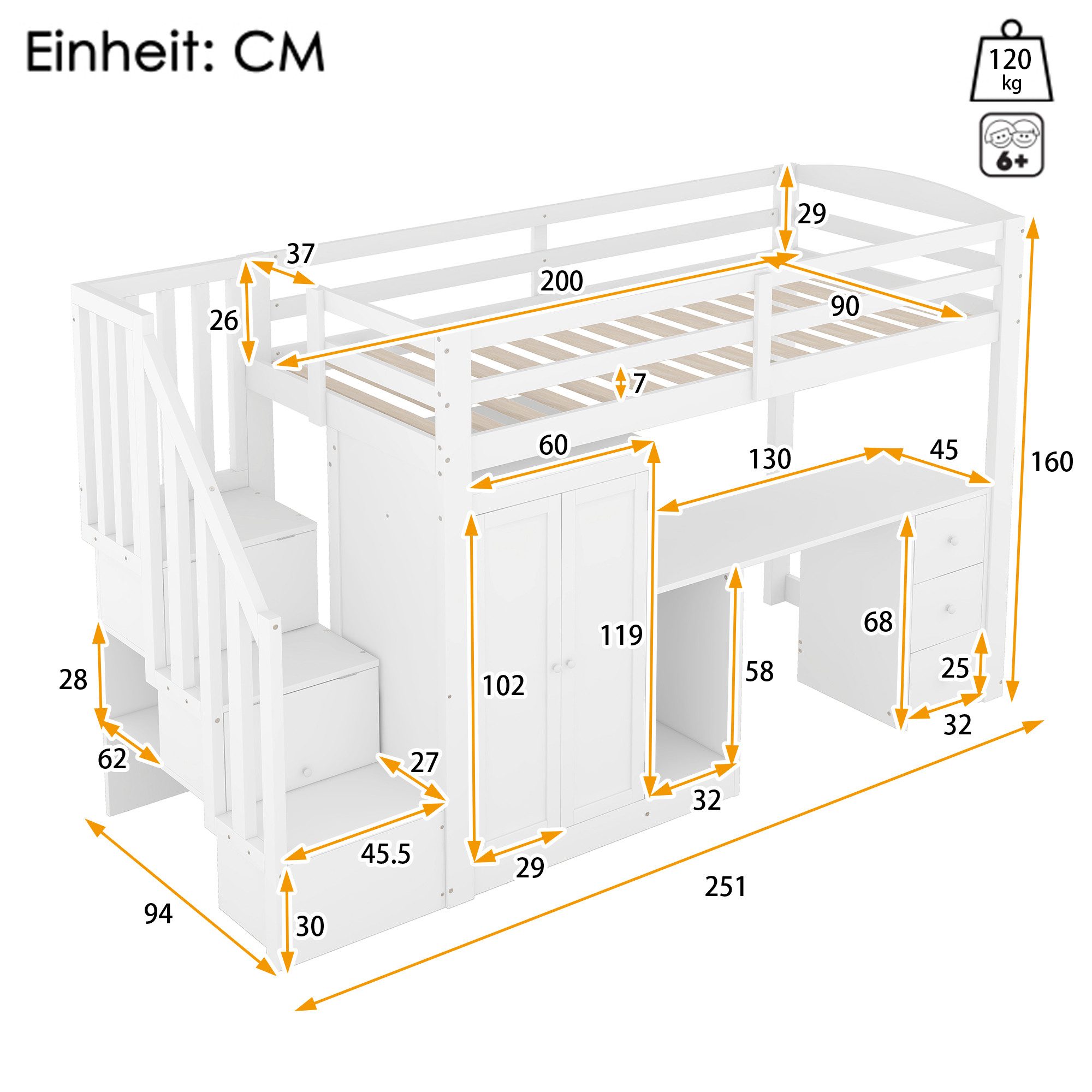 Ulife Hochbett für Kinder, 90x200cm, Kinderbett mit Schreibtisch & Kleiderschrank (1-St., Ohne Matratze) mit Treppe,Stauraum, stabil & ideal für Kinder- und Jug – Bild 2 von 5