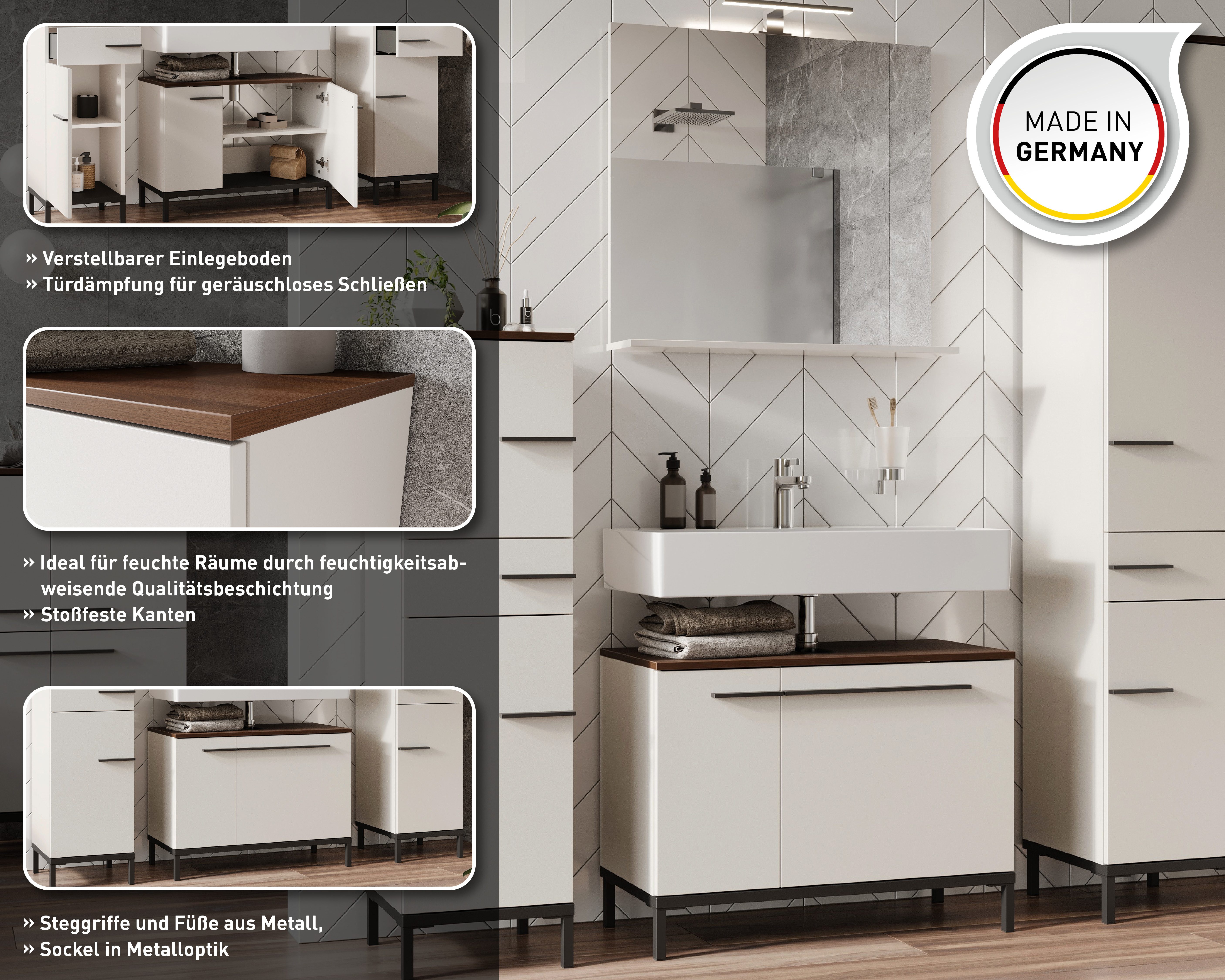 GERMANIA Waschbeckenunterschrank Yonkers Hochwertige ABS-Kanten, Griffe & hohe Füße aus Metall, Breite 80 cm