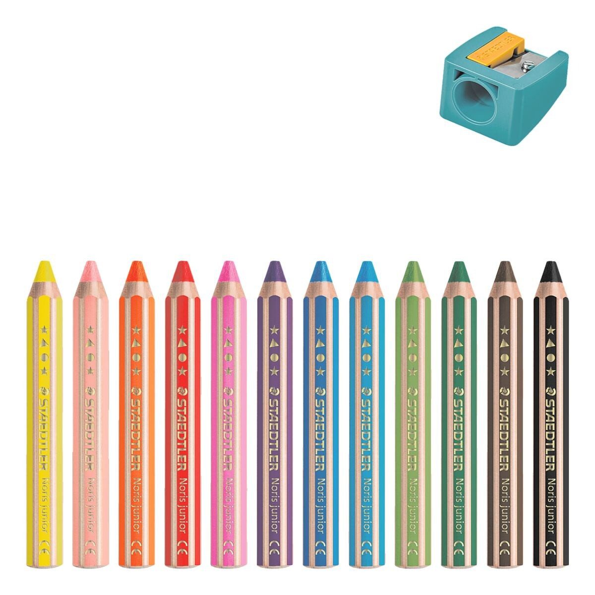 STAEDTLER Buntstift Noris® junior, (12-tlg), 3in1 (Bunt-/ Wachs-/ Aquarellstift), im Kartonetui inkl. Spitzer
