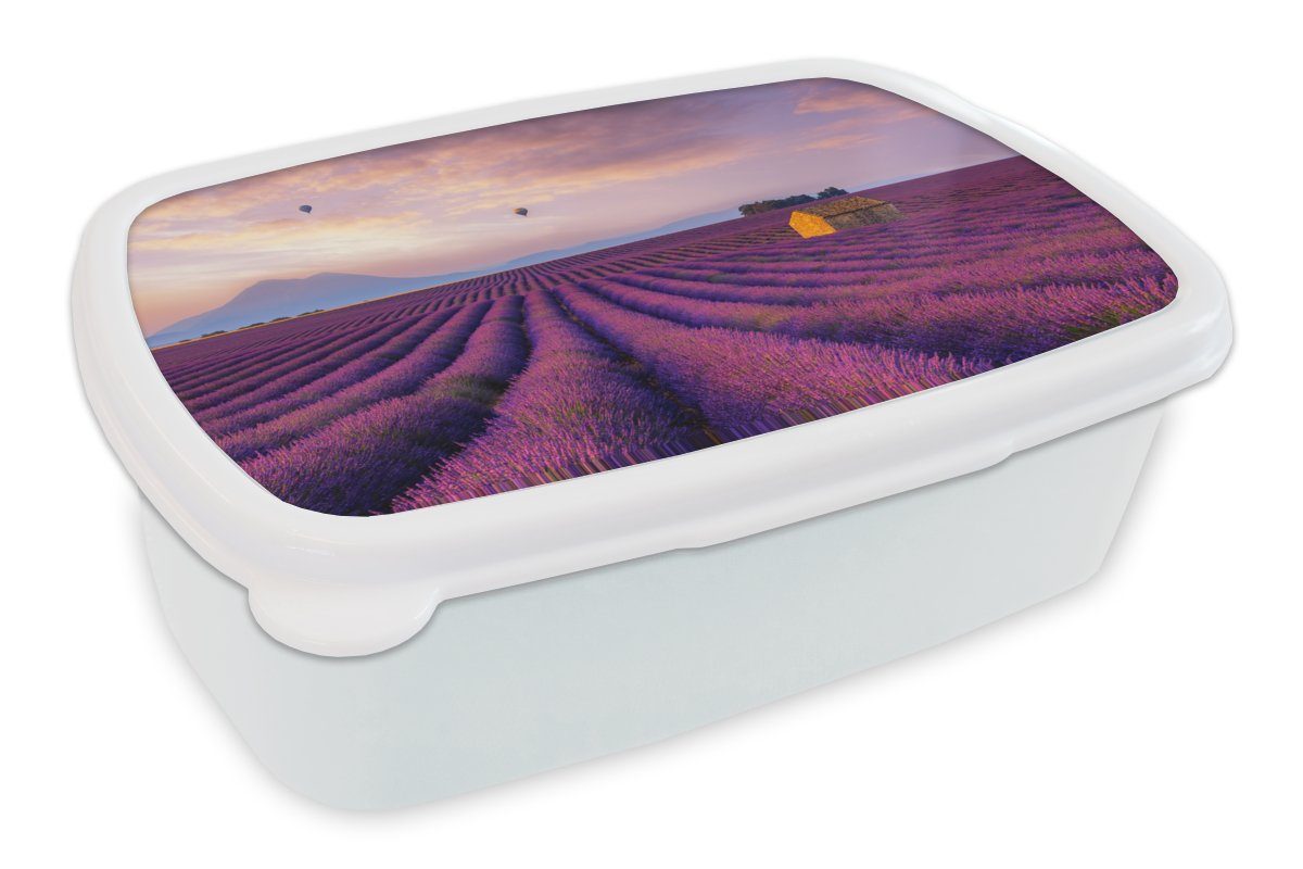MuchoWow Lunchbox Lavendel - Heißluftballon - Berg - Lila, Kunststoff, (2-tlg), Brotbox für Kinder und Erwachsene, Brotdose, für Jungs und Mädchen weiß