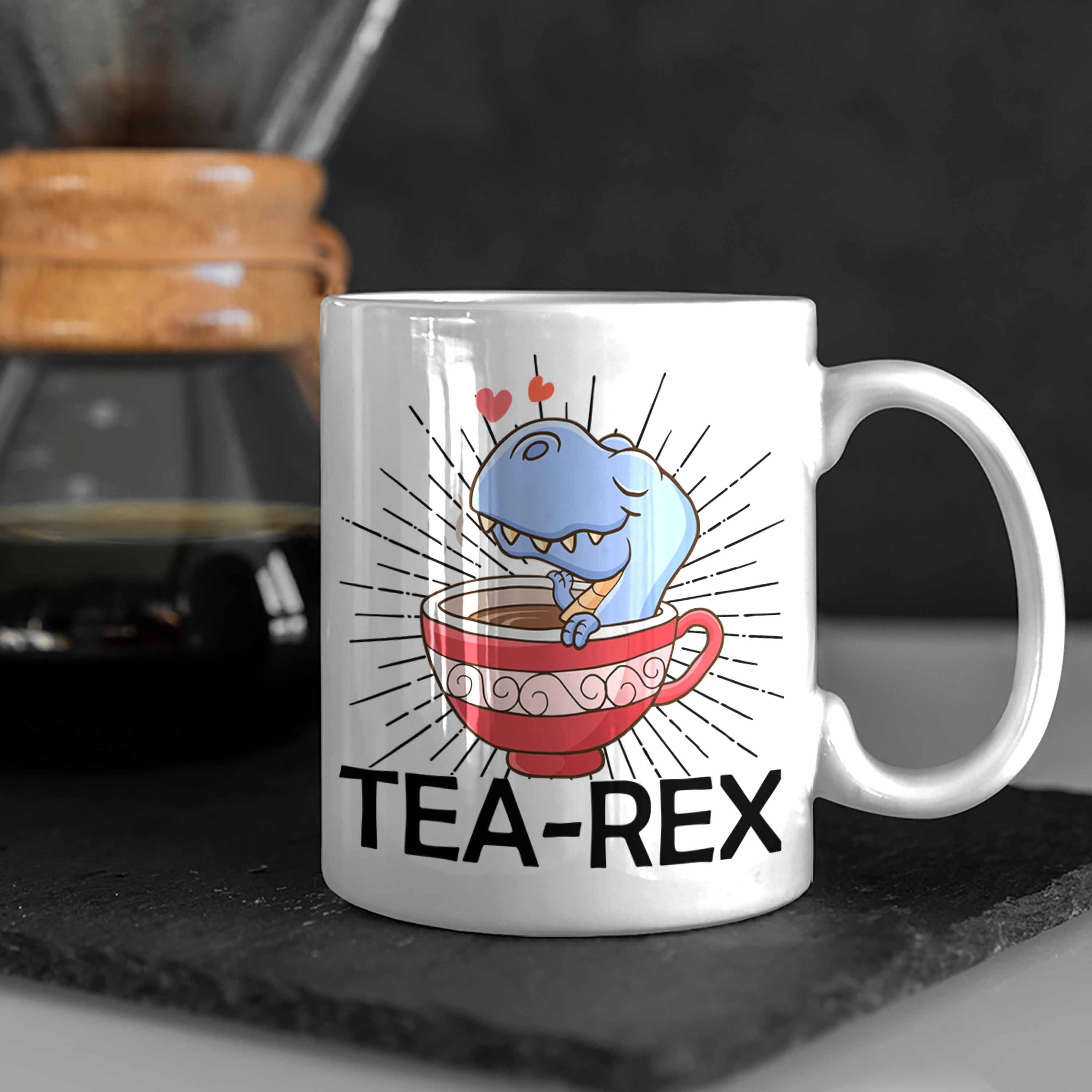 Trendation Tasse Trendation - Geschenkidee Dinosaurier Weiss Tasse T-Rex Wortspiel Tea Rex Geschenk