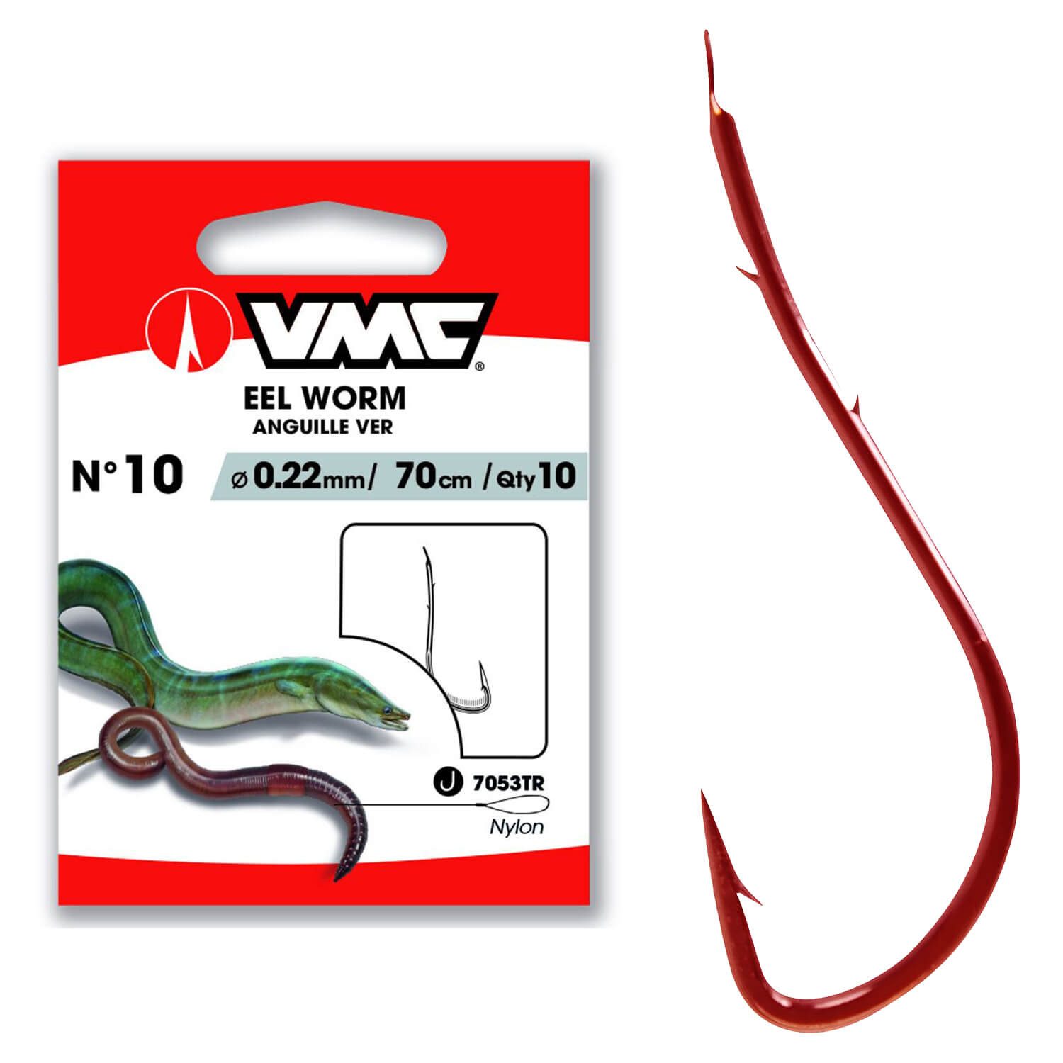 VMC Wurmhaken VMC Aalhaken 7053 Wurmhaken Vorfachhaken Rot 70cm, (Packung, 10-St)